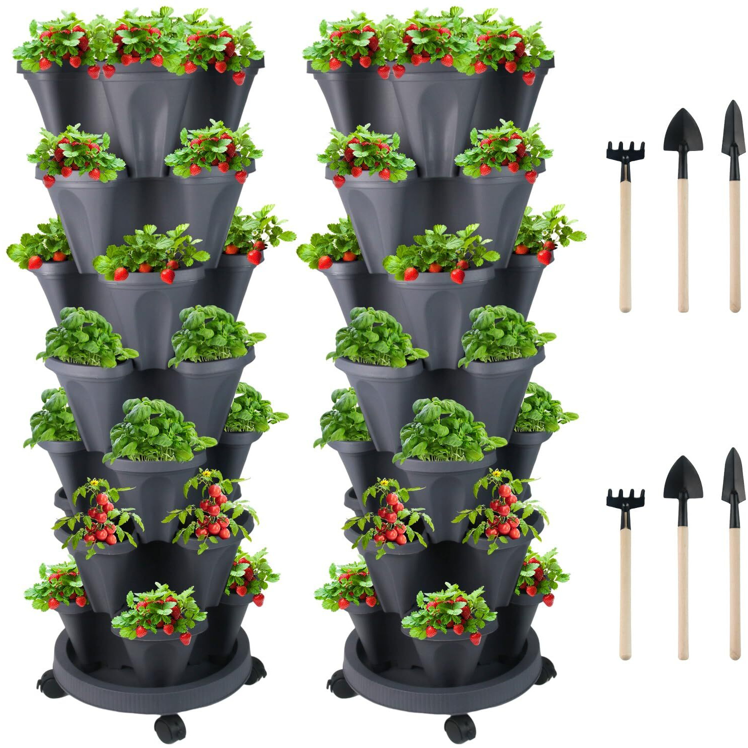 Vertical Planter 7 Tier Stackable Planters Garden Planters Strawberry Herb Flower And Vegetable Planter Indoor Outdoor Gardening Pots With Removable Wheels And Tools