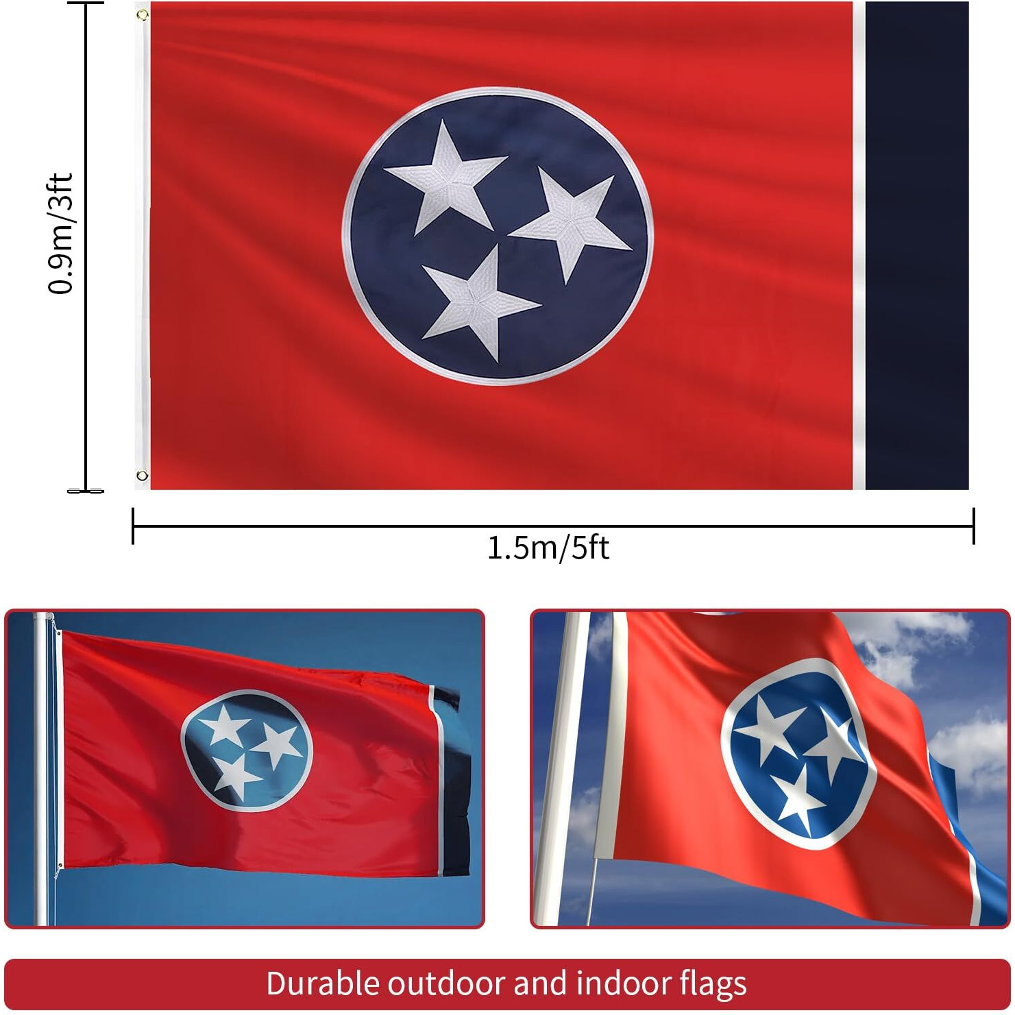 Tennessee Flag 3X5 Ft Outdoor  Double Sided Heavy Duty 210D Oxford Fabric  Embroidered Tri-Star Circle And 4 Rows Stitching Fly Ends With 2 Brass Grommets | State Of Tennessee Tn Flag For Indoor Home