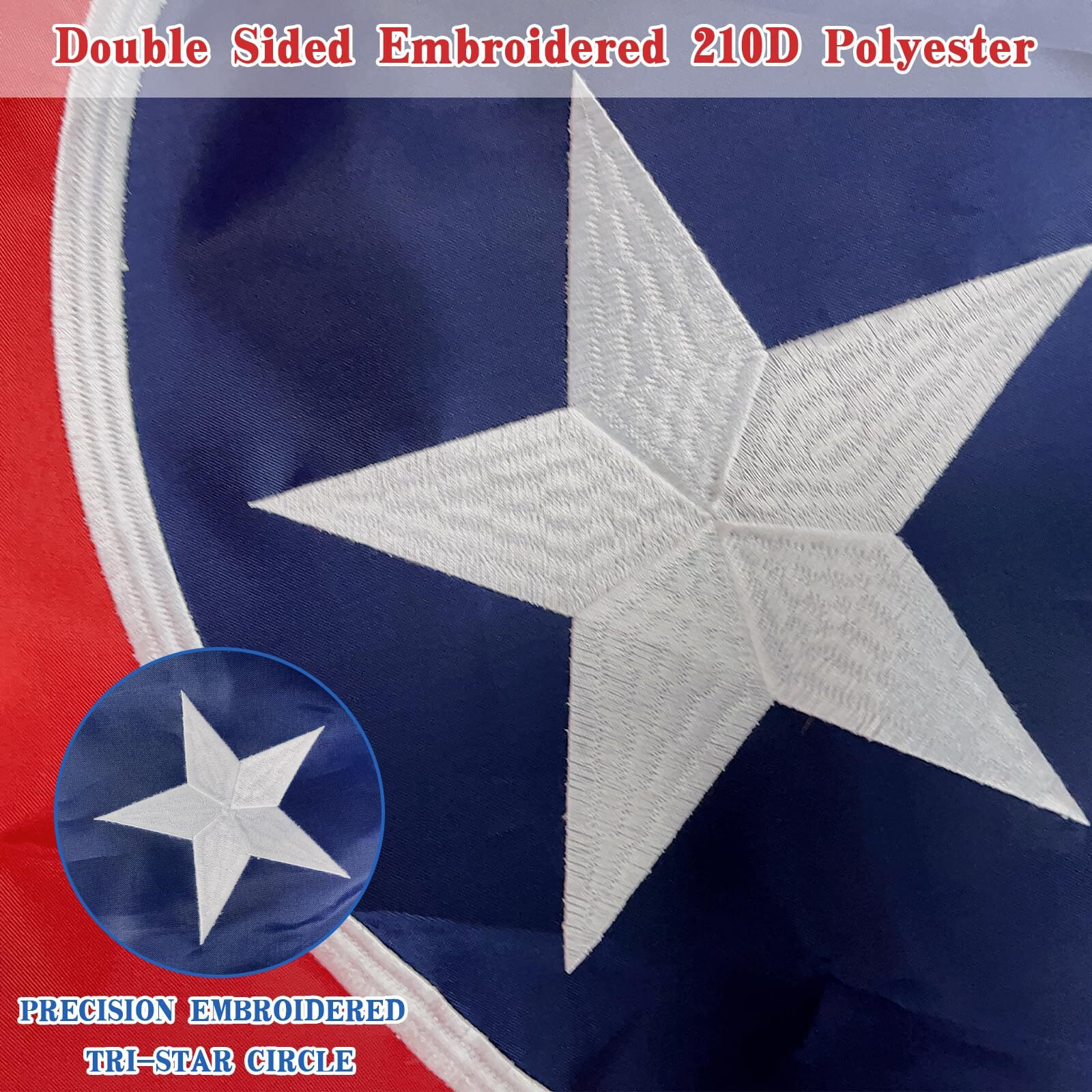 Tennessee Flag 3X5 Ft Outdoor  Double Sided Heavy Duty 210D Oxford Fabric  Embroidered Tri-Star Circle And 4 Rows Stitching Fly Ends With 2 Brass Grommets | State Of Tennessee Tn Flag For Indoor Home