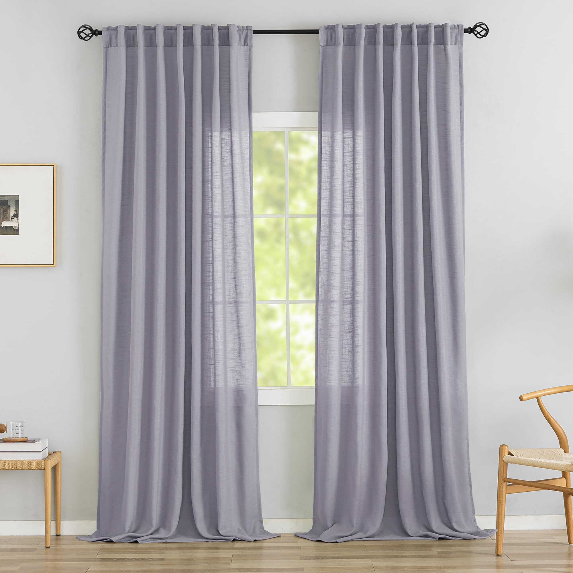 Lilac Purple Linen Back Tab Curtains 96 Inches Long 2 Panels Set For Modern Farmhouse - Hooks Belt Pleated Easy Sliding Semi Sheer Thick Decorative Drapes Rod Pocket Light Filtering Curtains