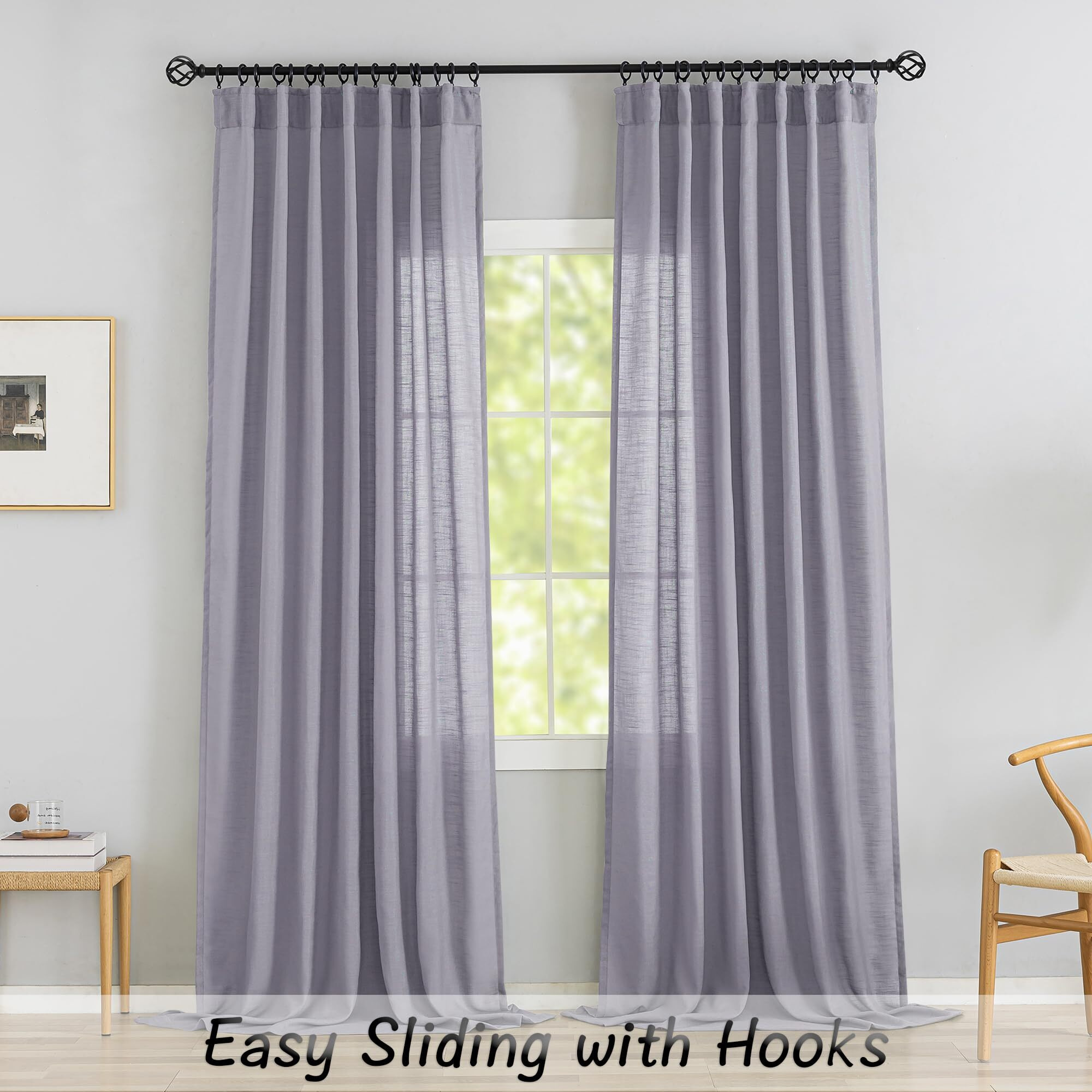 Lilac Purple Linen Back Tab Curtains 96 Inches Long 2 Panels Set For Modern Farmhouse - Hooks Belt Pleated Easy Sliding Semi Sheer Thick Decorative Drapes Rod Pocket Light Filtering Curtains