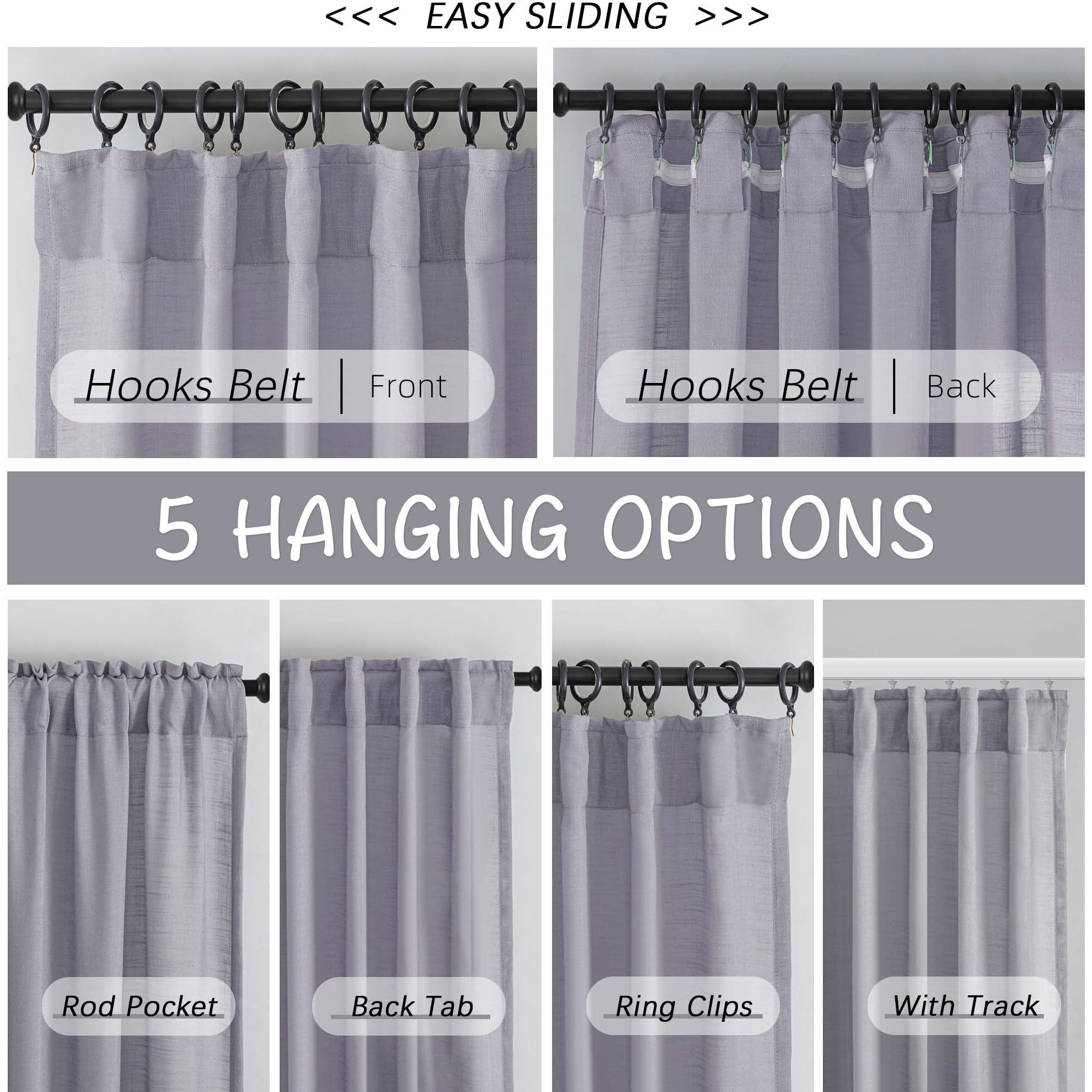 Lilac Purple Linen Back Tab Curtains 96 Inches Long 2 Panels Set For Modern Farmhouse - Hooks Belt Pleated Easy Sliding Semi Sheer Thick Decorative Drapes Rod Pocket Light Filtering Curtains