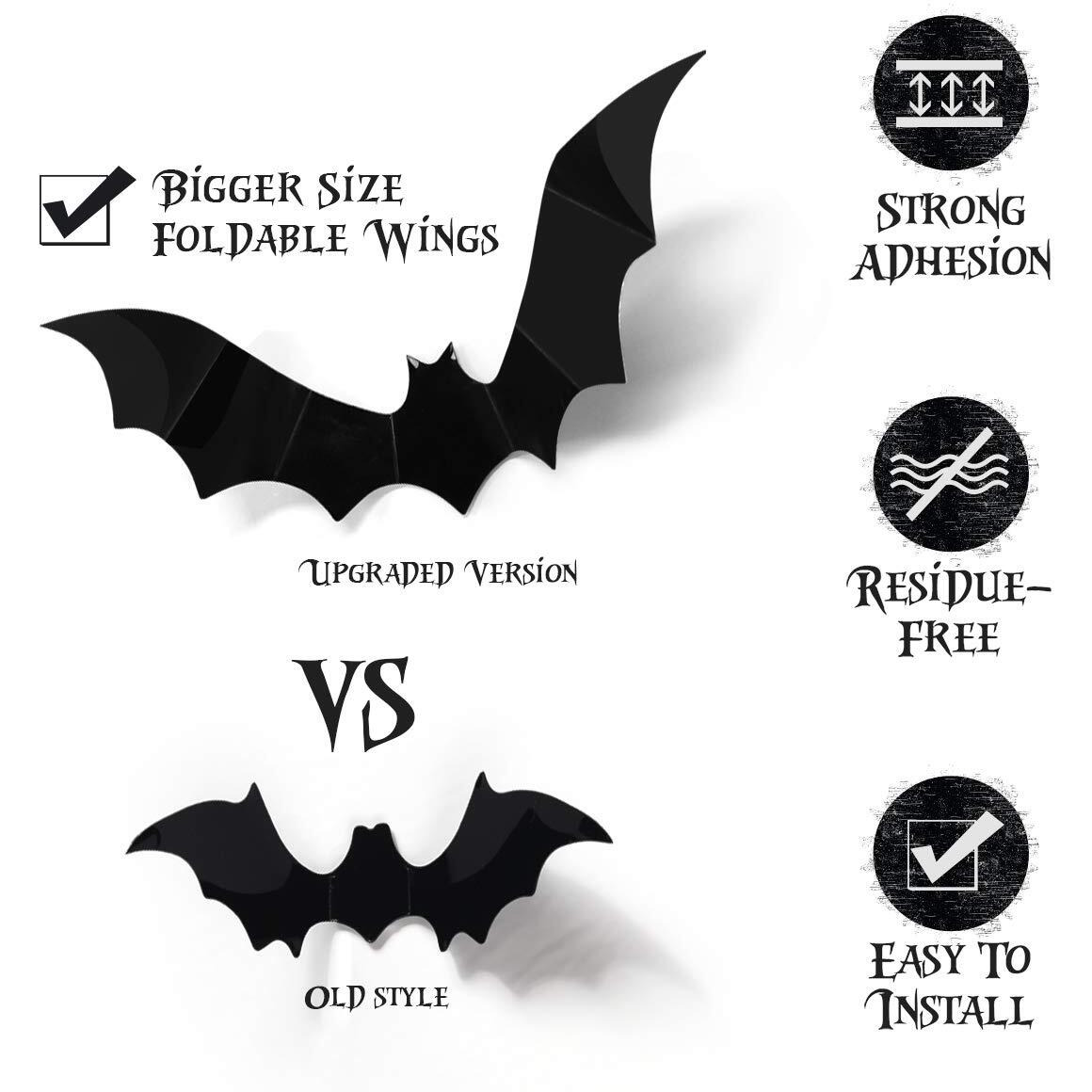 Coogam Halloween 3D Bats Decoration  60Pcs 4 Sizes Realistic Pvc Scary Bats Window Decal Wall Stickers For Diy Home Bathroom Indoor Hallowmas Decoration Party Supplies