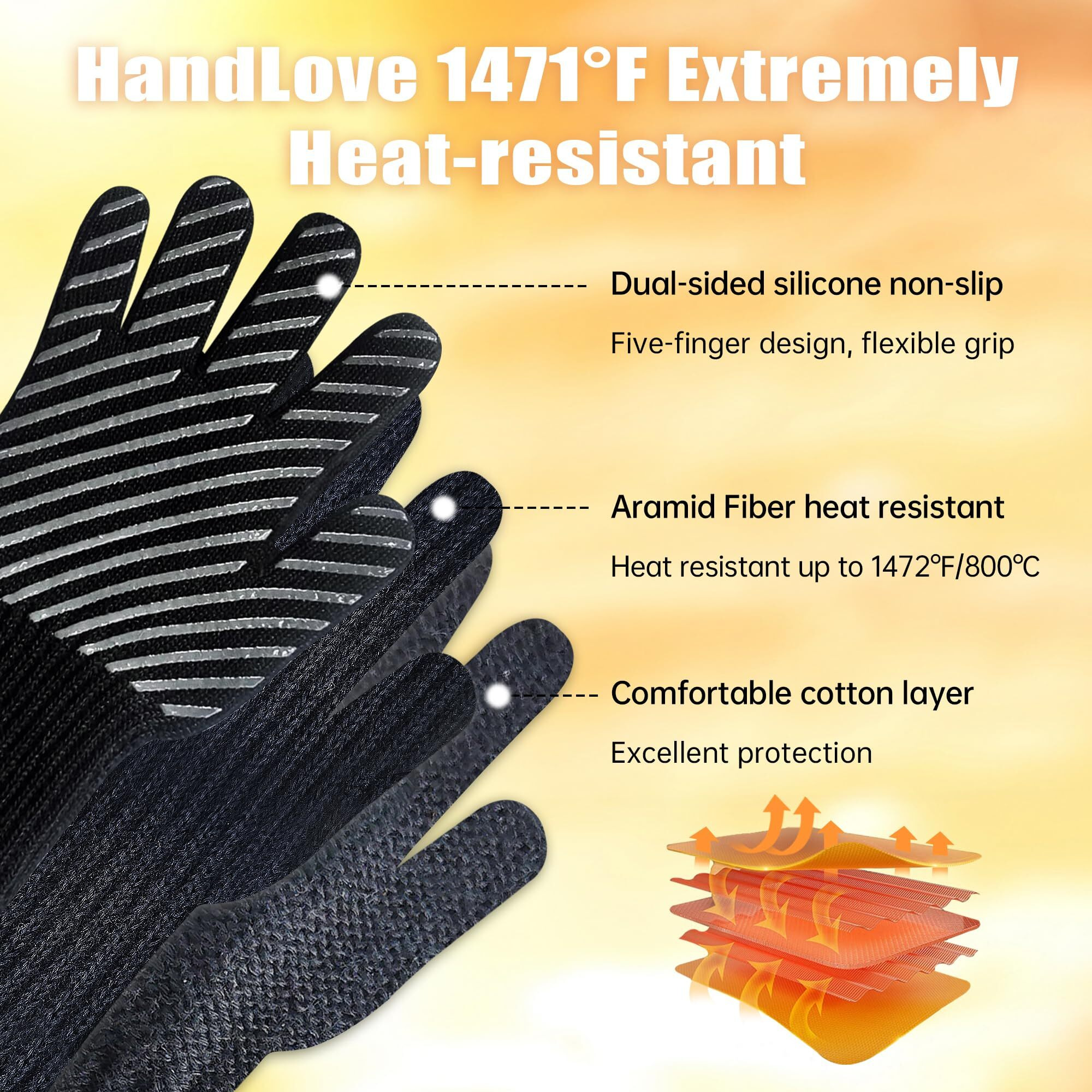 Handlove Bbq Gloves  1472F Aramid Heat Resistant Grilling Gloves  Silicone Non-Slip Oven Gloves  Long Kitchen Gloves For Barbecue  Cooking  Baking  Grill Cut Resistant Gloves  Long Cuff  Small