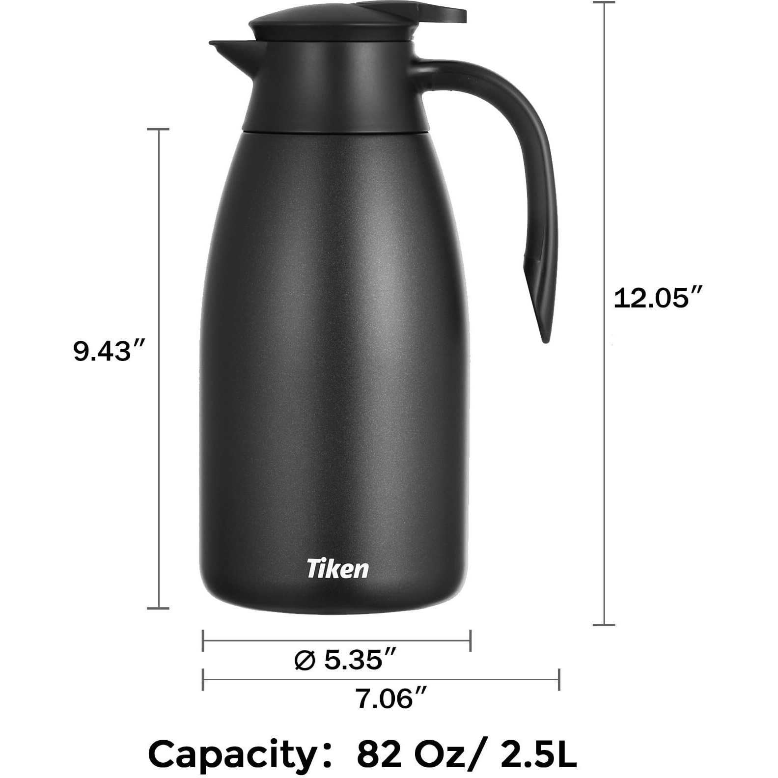 Tiken 85 Oz Thermal Coffee Carafe  Stainless Steel Insulated Vacuum Coffee Carafes For Keeping Hot  2.5 Liter Beverage Dispenser (Black)