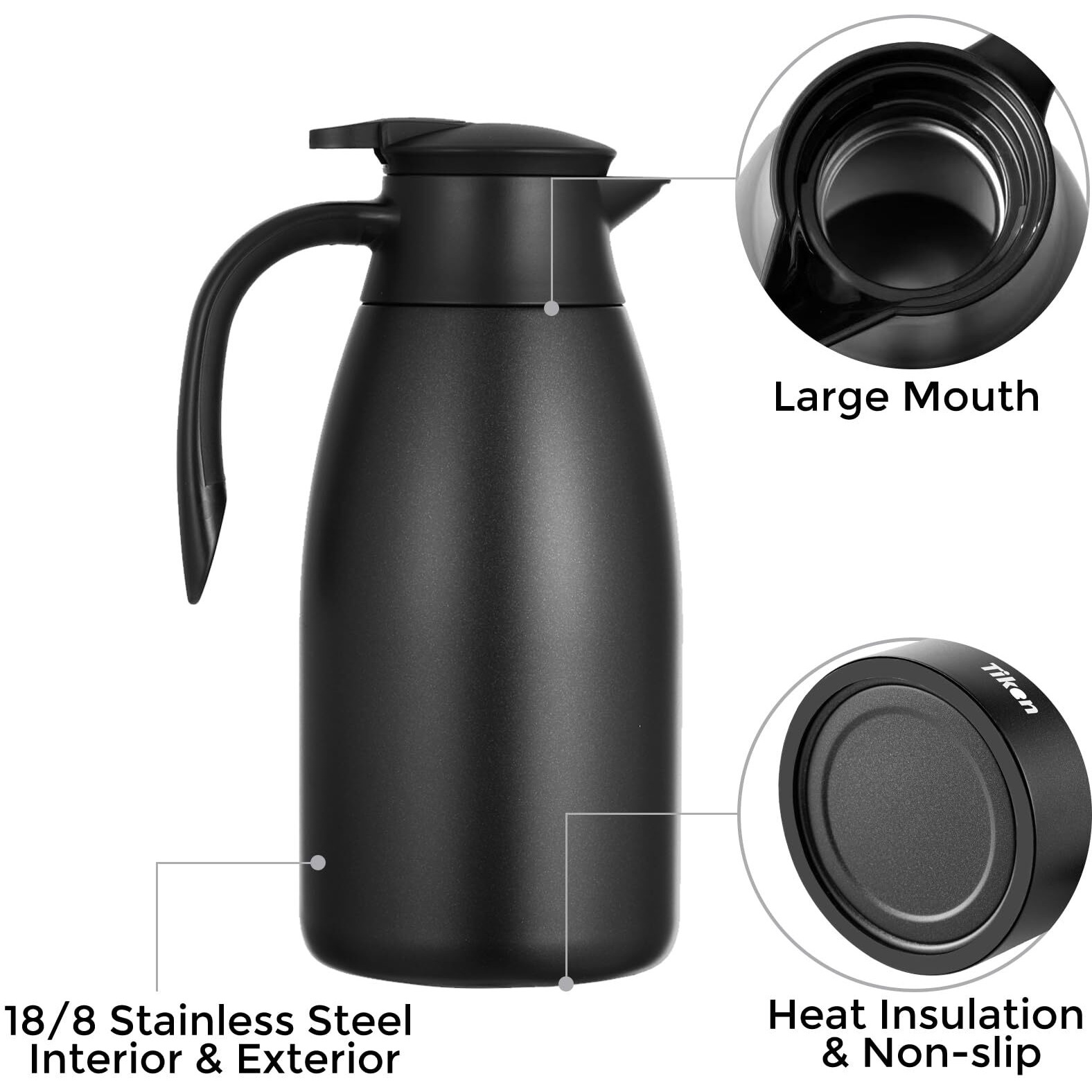 Tiken 85 Oz Thermal Coffee Carafe  Stainless Steel Insulated Vacuum Coffee Carafes For Keeping Hot  2.5 Liter Beverage Dispenser (Black)