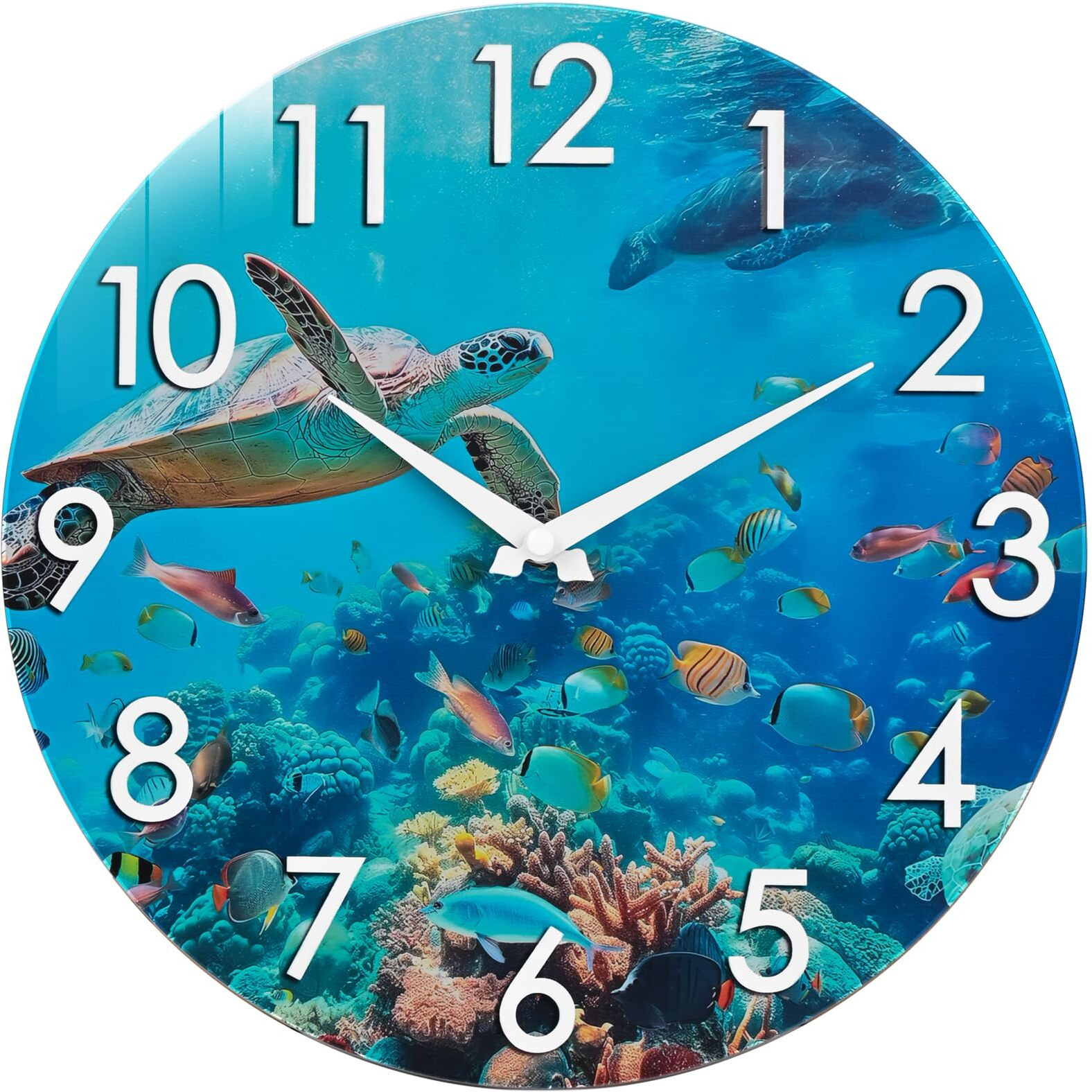 Indoor Outdoor Clock Waterproof - Nautical Coastal Beach Ocean Wall Clocks With Sea Turtle Underwater Theme For Patio Pool Porch Deck Yard Bathroom Decor Blue 12 Inch (Glass)