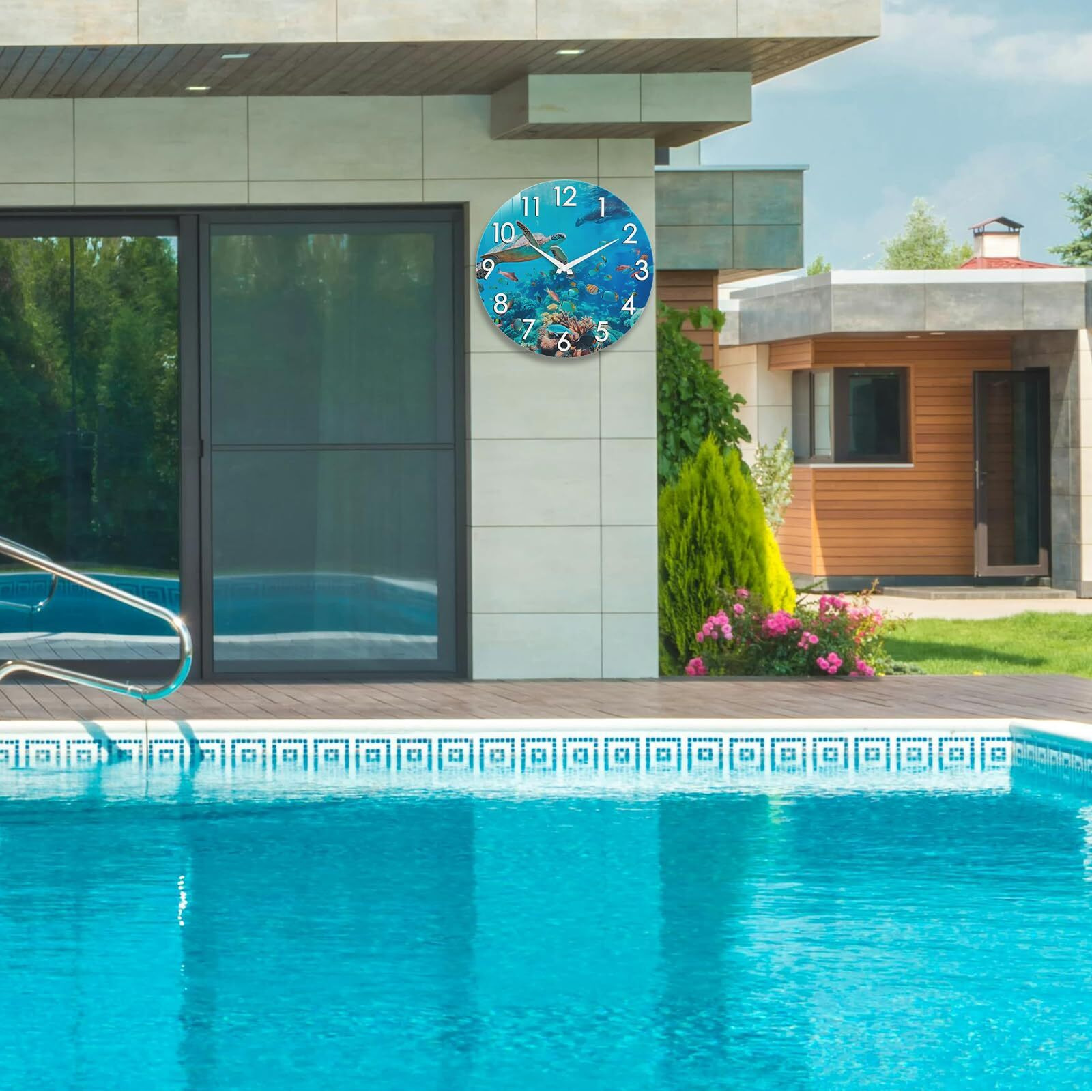 Indoor Outdoor Clock Waterproof - Nautical Coastal Beach Ocean Wall Clocks With Sea Turtle Underwater Theme For Patio Pool Porch Deck Yard Bathroom Decor Blue 12 Inch (Glass)