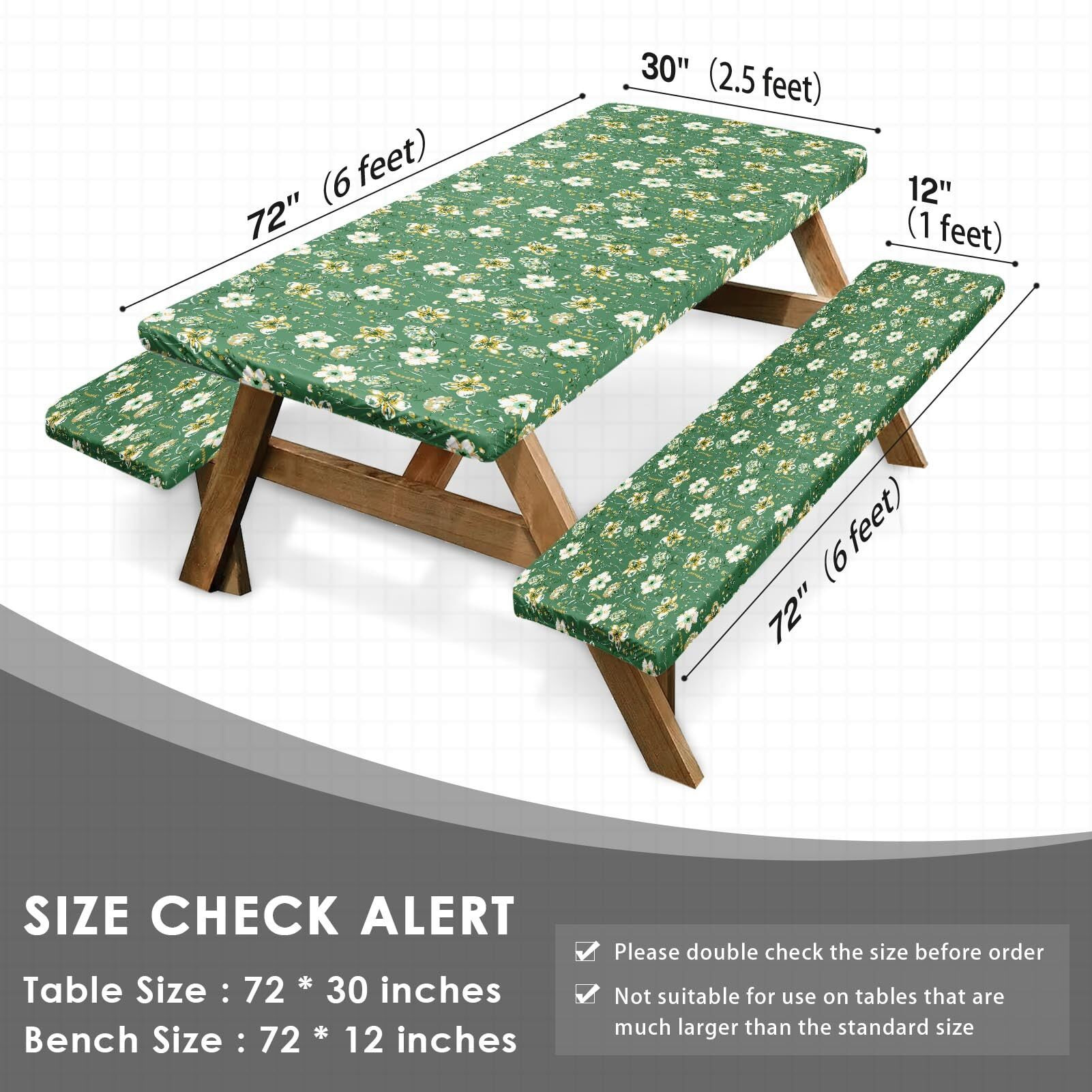 Britown Picnic Table Cover With Bench Covers Elastic Edges  Green Flower Fitted Table Cover  Outdoor Patio Camping Essentials 72 Inch 3Pcs  Waterproof Camping Fitted Tablecloth With Drawstring Bag