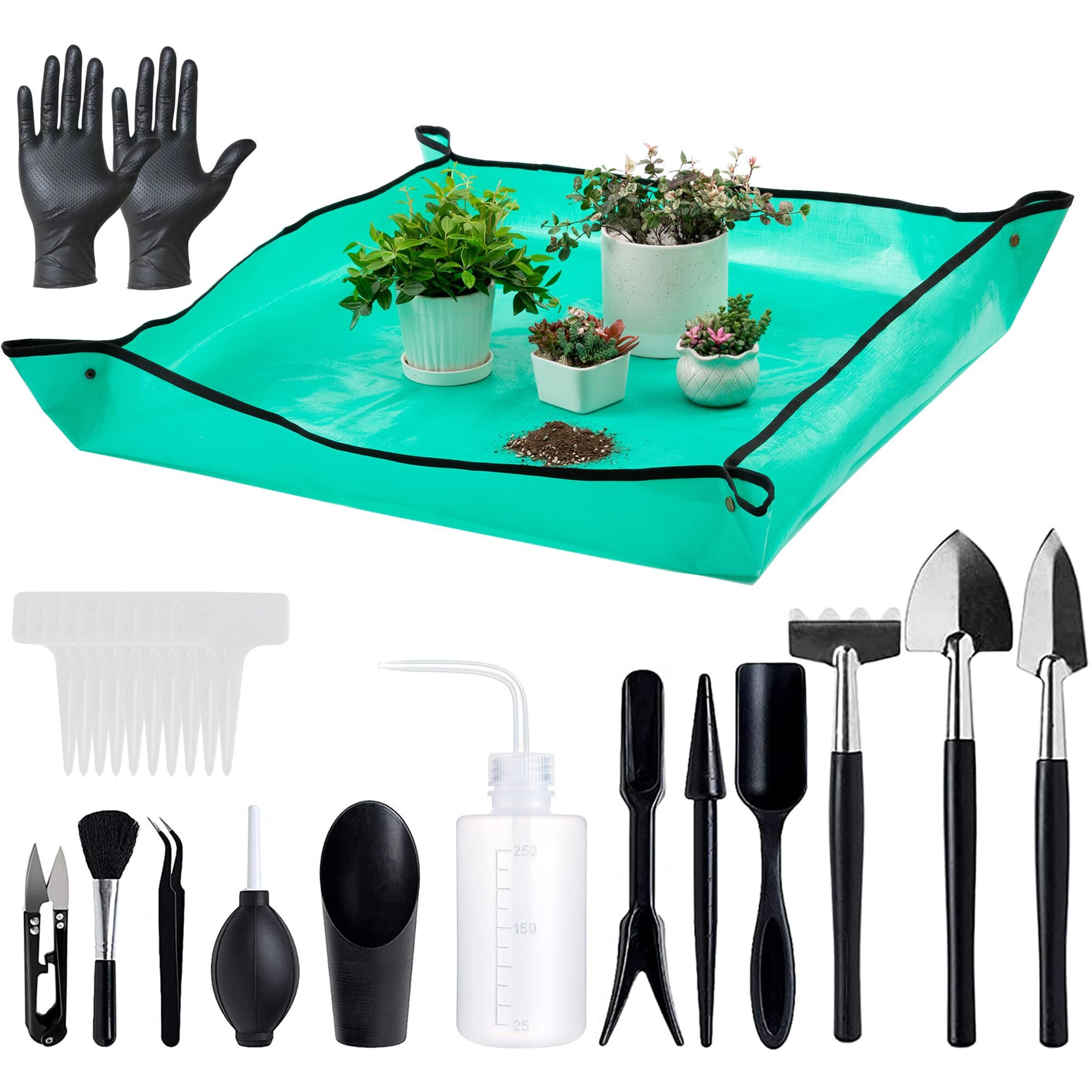 Melphoe 25Pcs Mini Garden Hand Transplanting Succulent Tools Set  39.4"" Thickened Repotting Mat & Plant Tag  Miniature Planting Indoor Fairy Care  Potting  Cactus  Houseplant Bonsai Tool Kit (Black)
