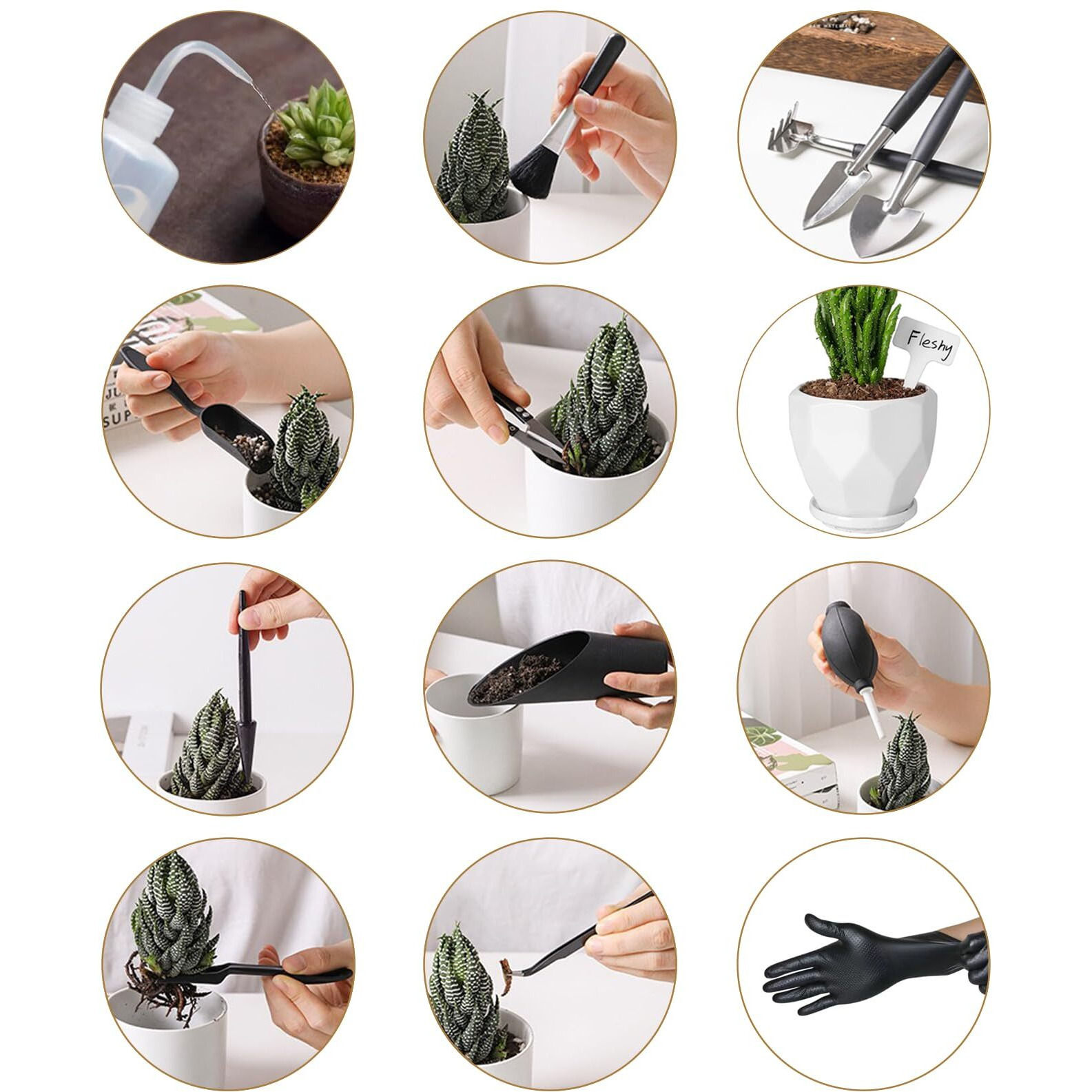 Melphoe 25Pcs Mini Garden Hand Transplanting Succulent Tools Set  39.4"" Thickened Repotting Mat & Plant Tag  Miniature Planting Indoor Fairy Care  Potting  Cactus  Houseplant Bonsai Tool Kit (Black)