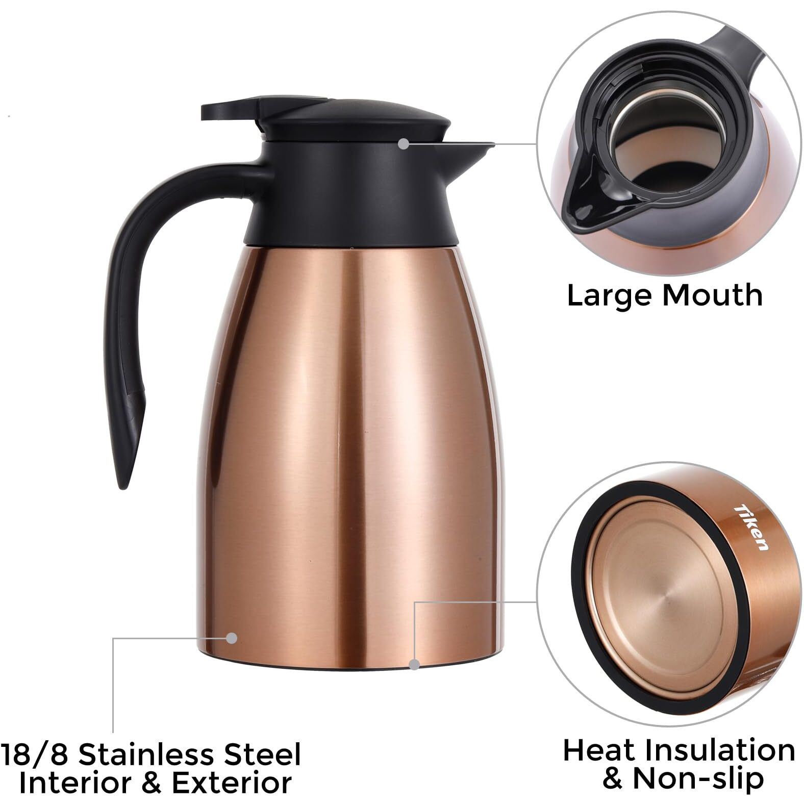 Tiken 51 Oz Thermal Coffee Carafe  Stainless Steel Insulated Vacuum Coffee Carafes For Keeping Hot  1.5 Liter Beverage Dispenser (Copper)