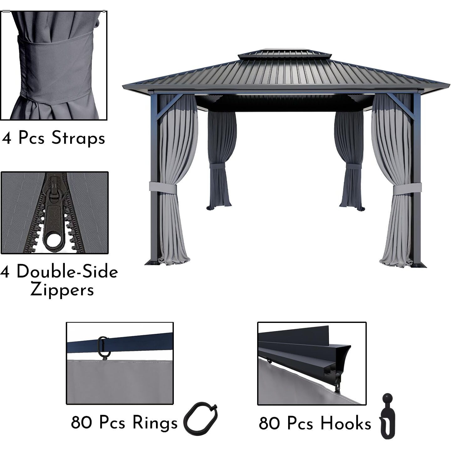 Cowvie Gazebo Curtain Replacement Universal 4-Panel Sidewalls 12' X 14'  Patio Gazebo Privacy Curtains With Double Zipper  Replacement For Patio  Outdoor Canopy  Garden And Backyard (Curtain Only)