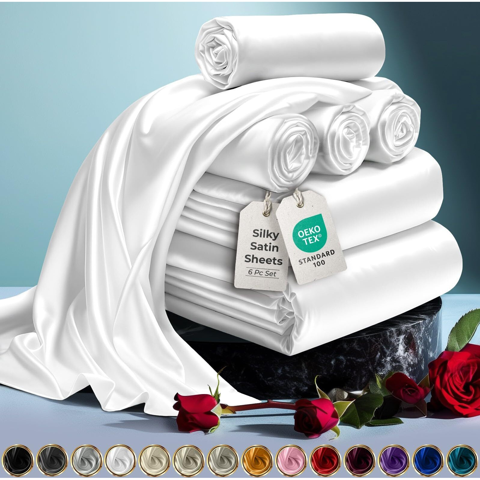 Decolure Satin Sheets King Set 6Pcs - Genuine And Luxurious Silk Touch Satin Sheets King W/Deep Pocket - Elegant All-Season Silky Soft King Size Bed Sheets - Comfy Satin Sheets White Set