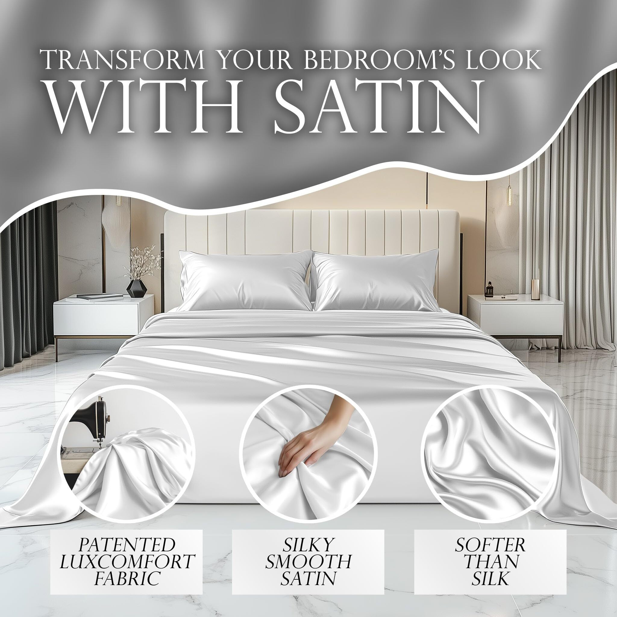 Decolure Satin Sheets King Set 6Pcs - Genuine And Luxurious Silk Touch Satin Sheets King W/Deep Pocket - Elegant All-Season Silky Soft King Size Bed Sheets - Comfy Satin Sheets White Set