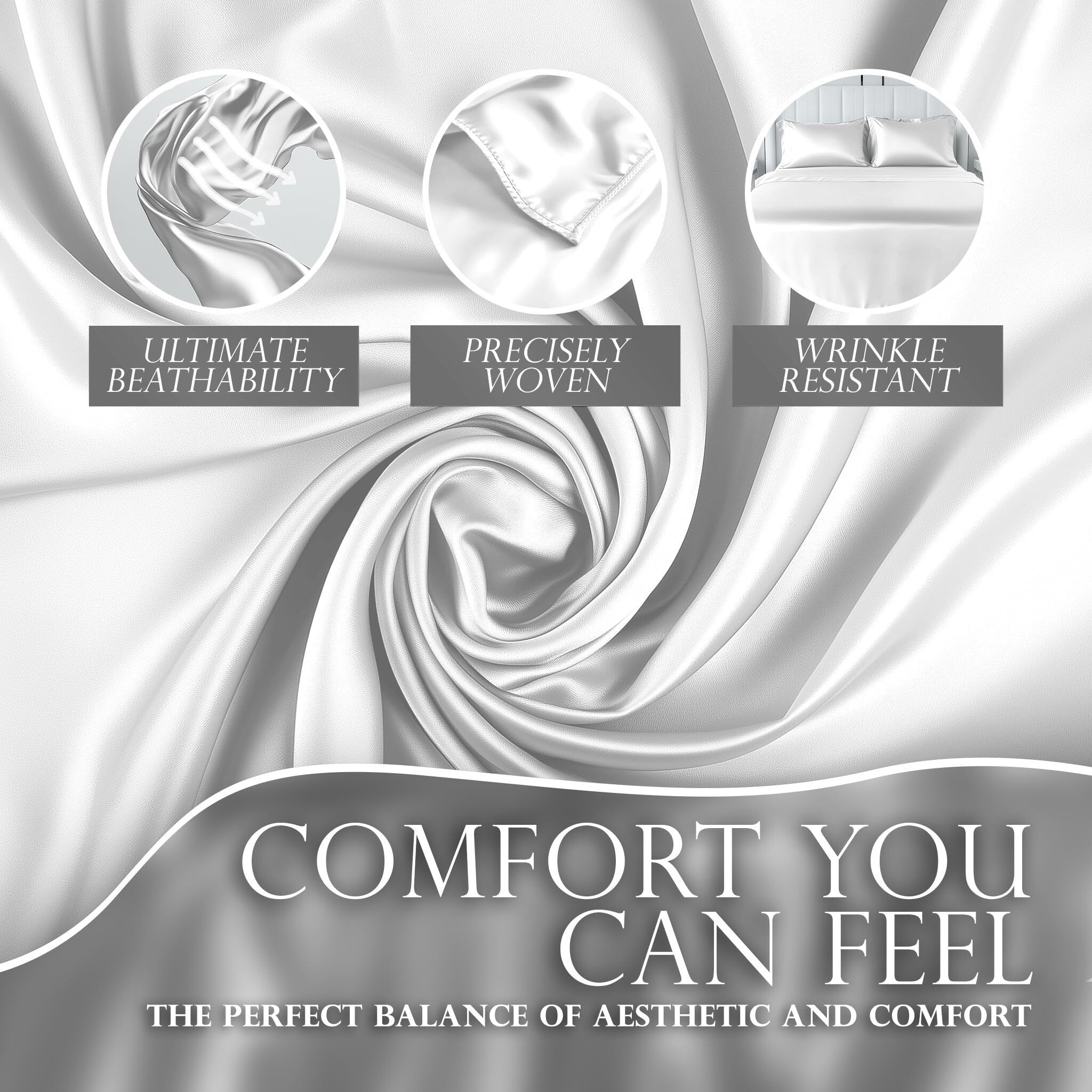 Decolure Satin Sheets King Set 6Pcs - Genuine And Luxurious Silk Touch Satin Sheets King W/Deep Pocket - Elegant All-Season Silky Soft King Size Bed Sheets - Comfy Satin Sheets White Set