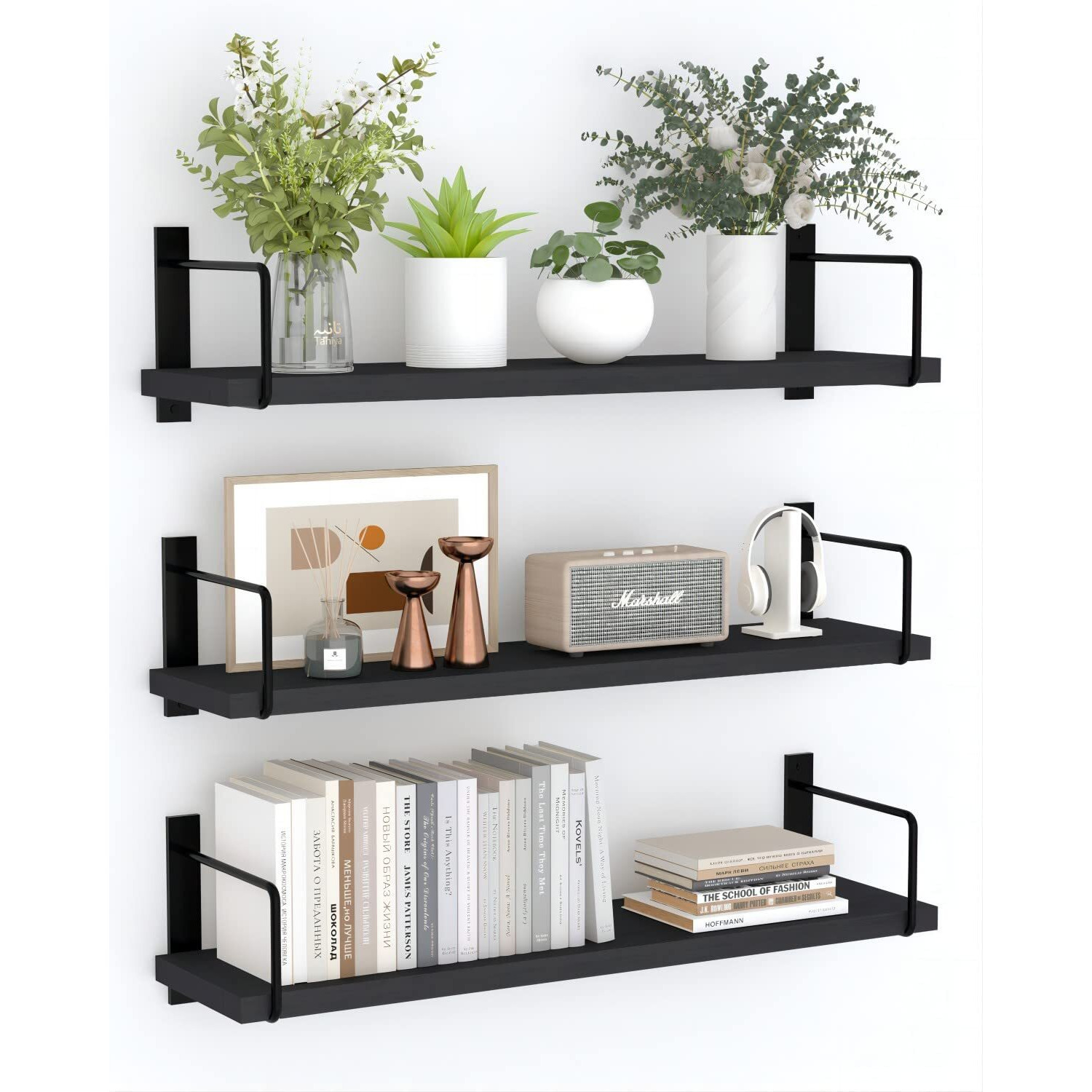 Eallrinec Floating Shelves  24 Inches Easy To Install Wall Mounted Shelves  Wall Shelves Set Of 3  Rustic Wood Shelves For Wall DCor  Storage Shelves For Living Room (Black)