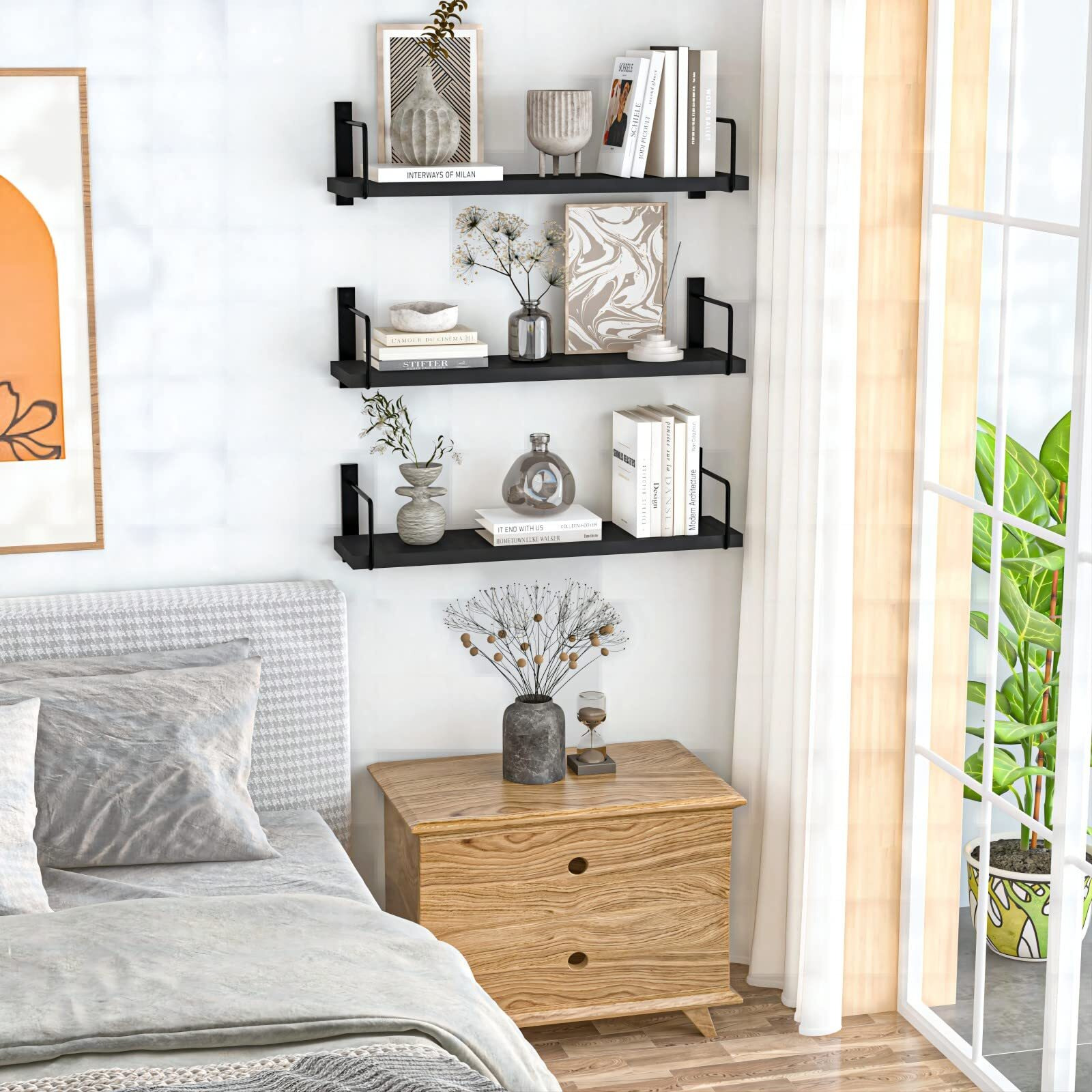 Eallrinec Floating Shelves  24 Inches Easy To Install Wall Mounted Shelves  Wall Shelves Set Of 3  Rustic Wood Shelves For Wall DCor  Storage Shelves For Living Room (Black)