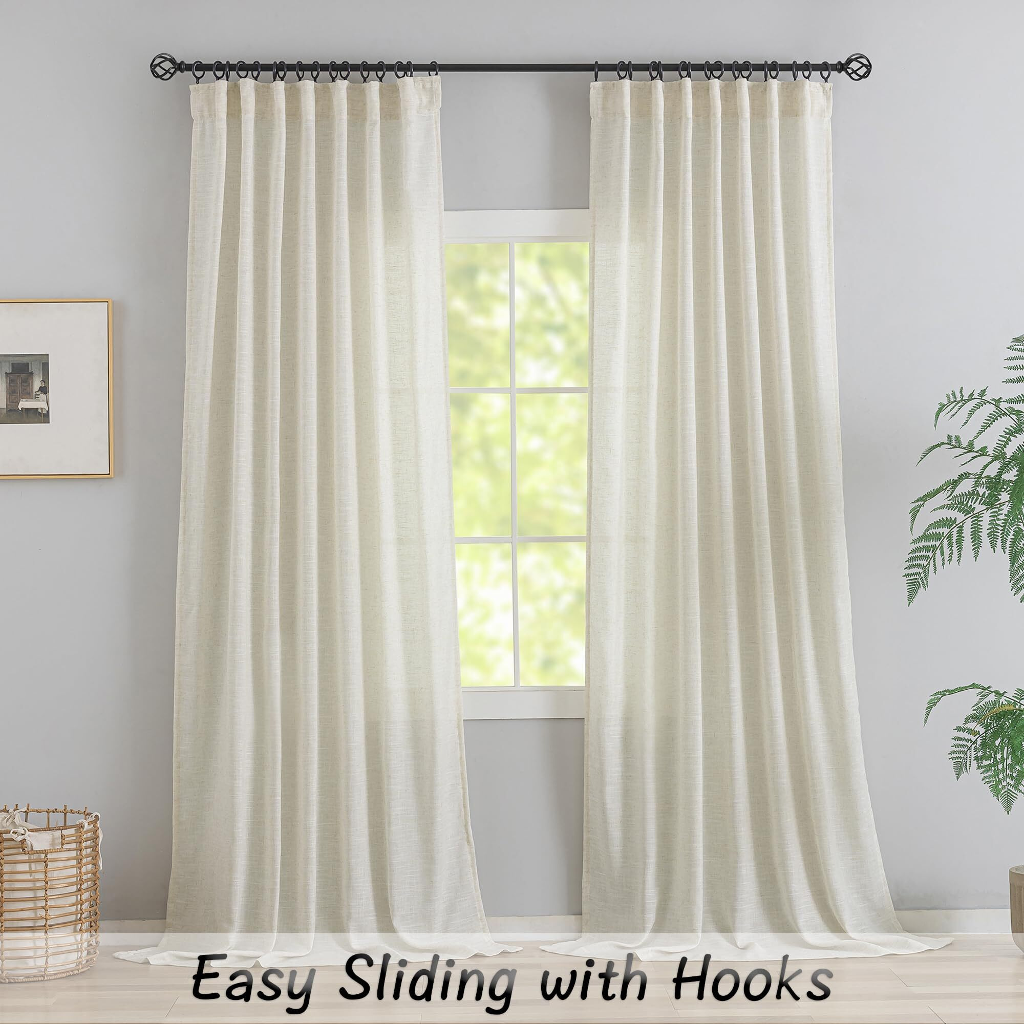 132 Inch Length Linen Curtains For High Ceiling Villa Living Room 2 Panels Set Hanging Back Tab Hooks Pleated Privacy Semi Sheer 11Ft Extra Long Vintage Curtain Drapes For Hote Cream Ivory/Light Beige