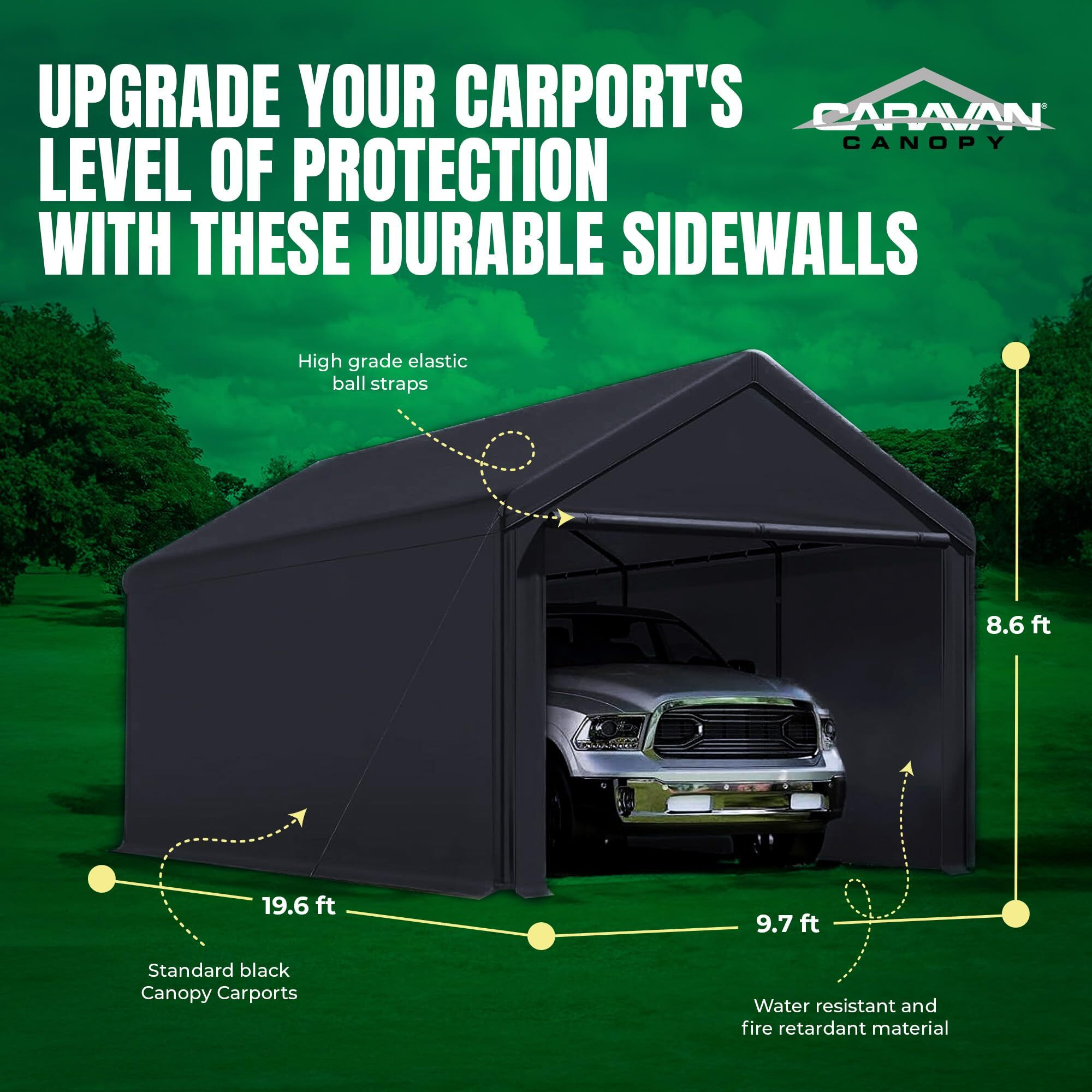 Caravan Canopy Domain 10 X 20 Foot Durable Sidewalls For Garage Carport Canopy Car Tent With Dual Zippers And Roll Up Door  Black (Sidewalls Only)