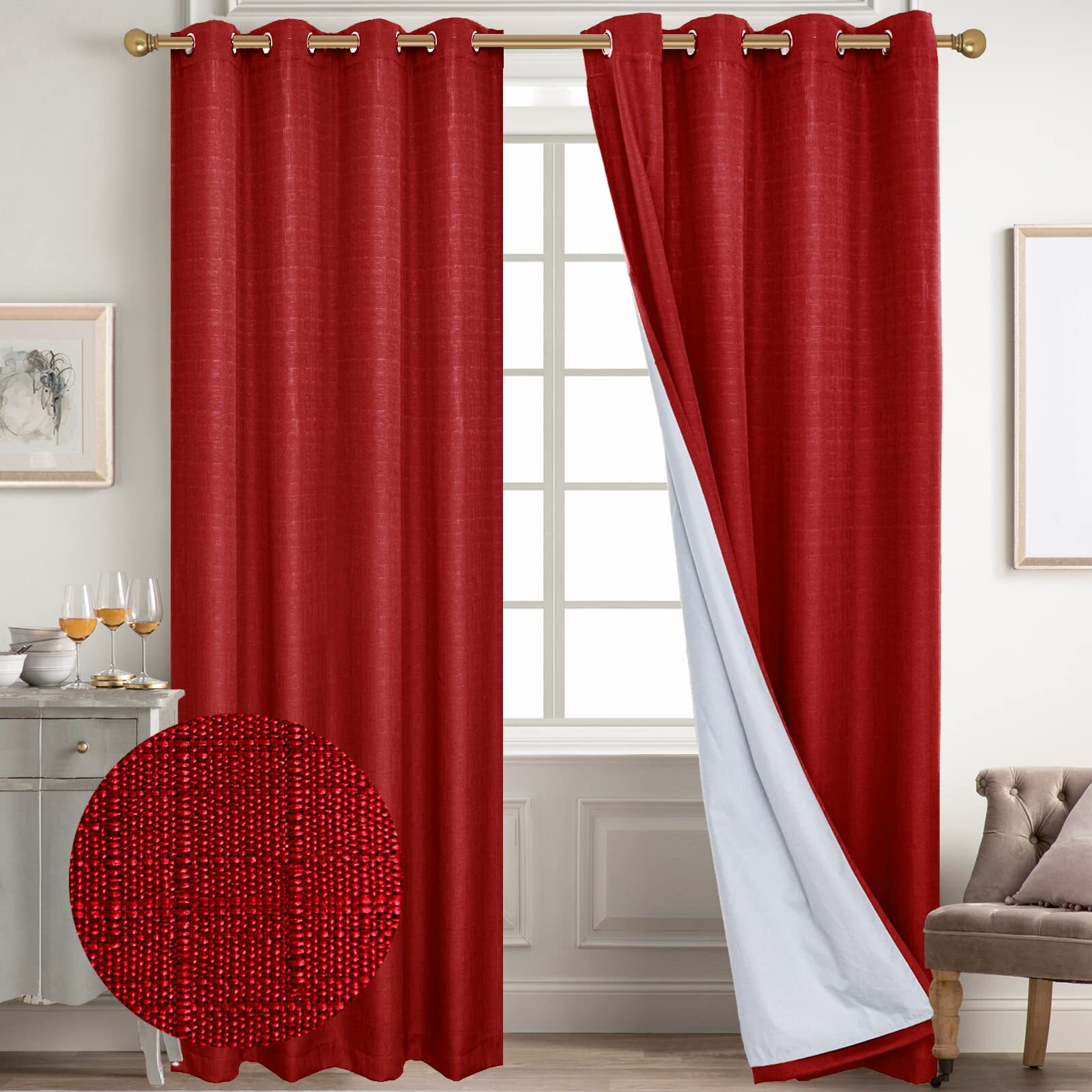 Diraysid 100% Blackout Curtains Red Linen Curtains For Bedroom Grommet Thermal Insulated Room Darkening Drapes (2 Panels  W52 X L95 Inch)