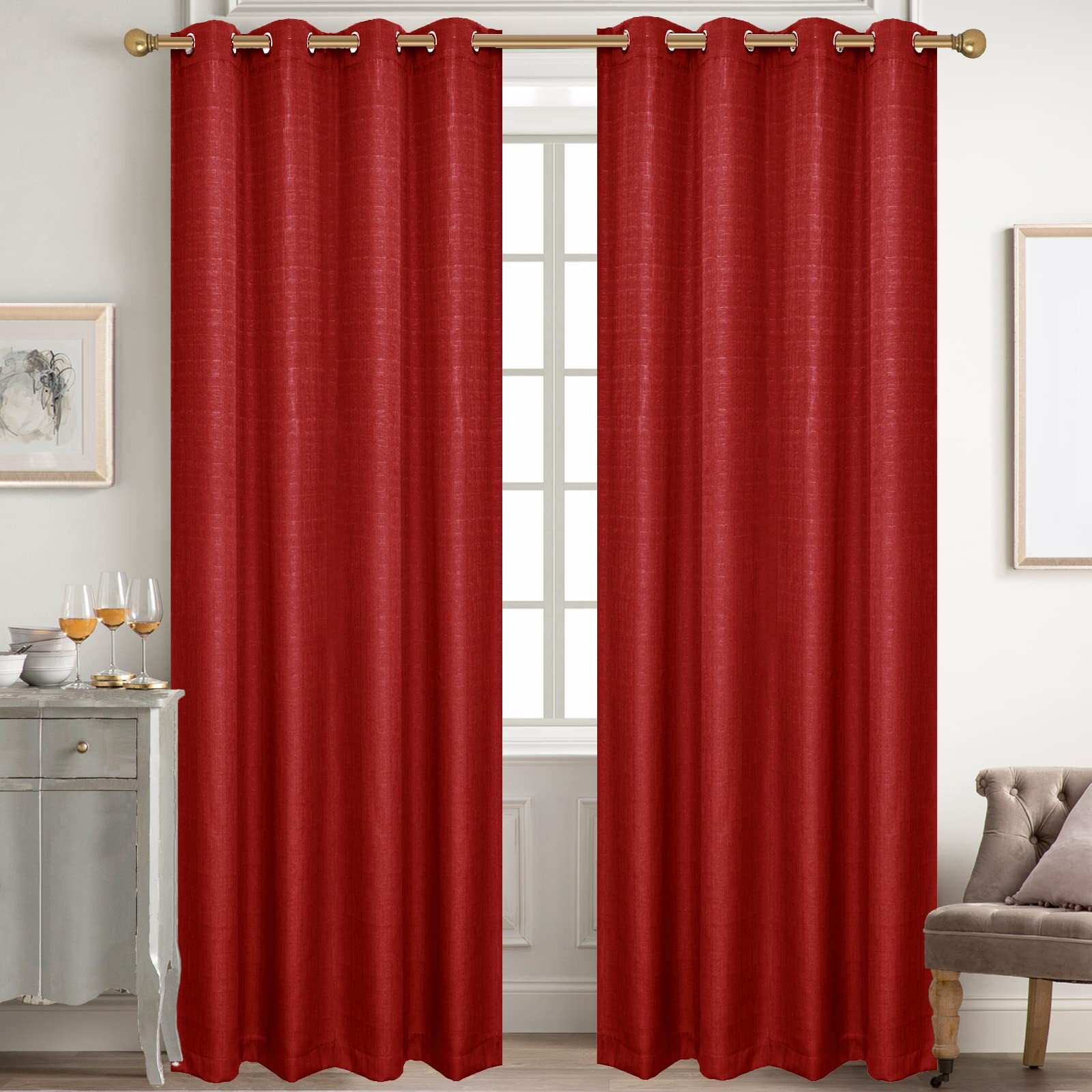 Diraysid 100% Blackout Curtains Red Linen Curtains For Bedroom Grommet Thermal Insulated Room Darkening Drapes (2 Panels  W52 X L95 Inch)