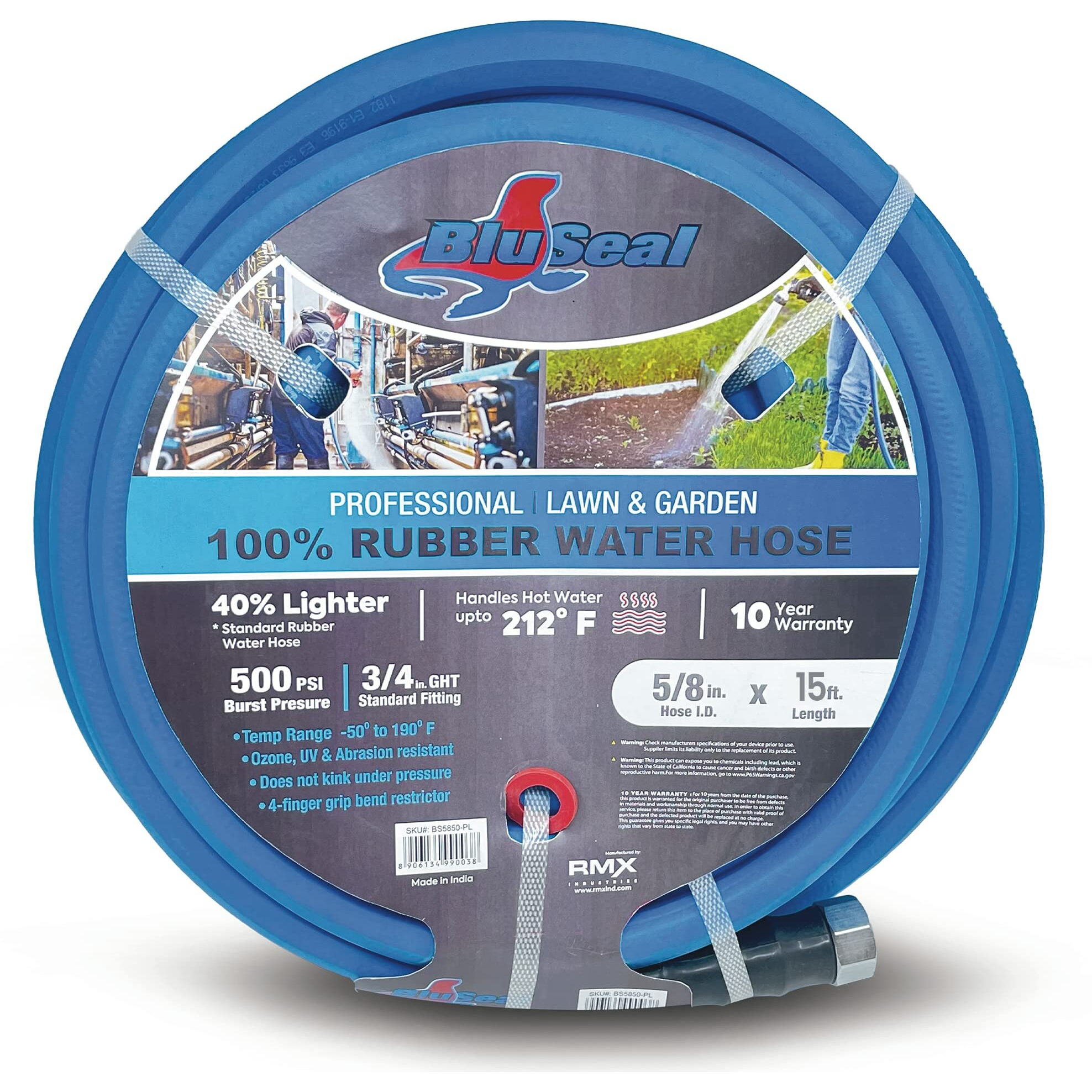 Bluseal Hot/Cold Water Rubber Garden Hose  100% Rubber  Ultra-Light  Super Strong  500 Psi  50F To 190F Degrees  High Strength Polyester Braided (5/8"" X 15')