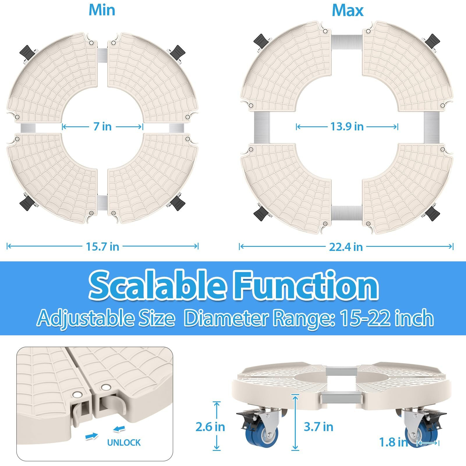 Vancastle Plant Caddy Plant Stand With Wheels  Heavy Duty Plant Roller Base 15-22 Inch Adjustable Palnt Wheel Base 440 Lbs  Large Potted Planter Cart Dolly For Flower Mover  Beige  1 Pack