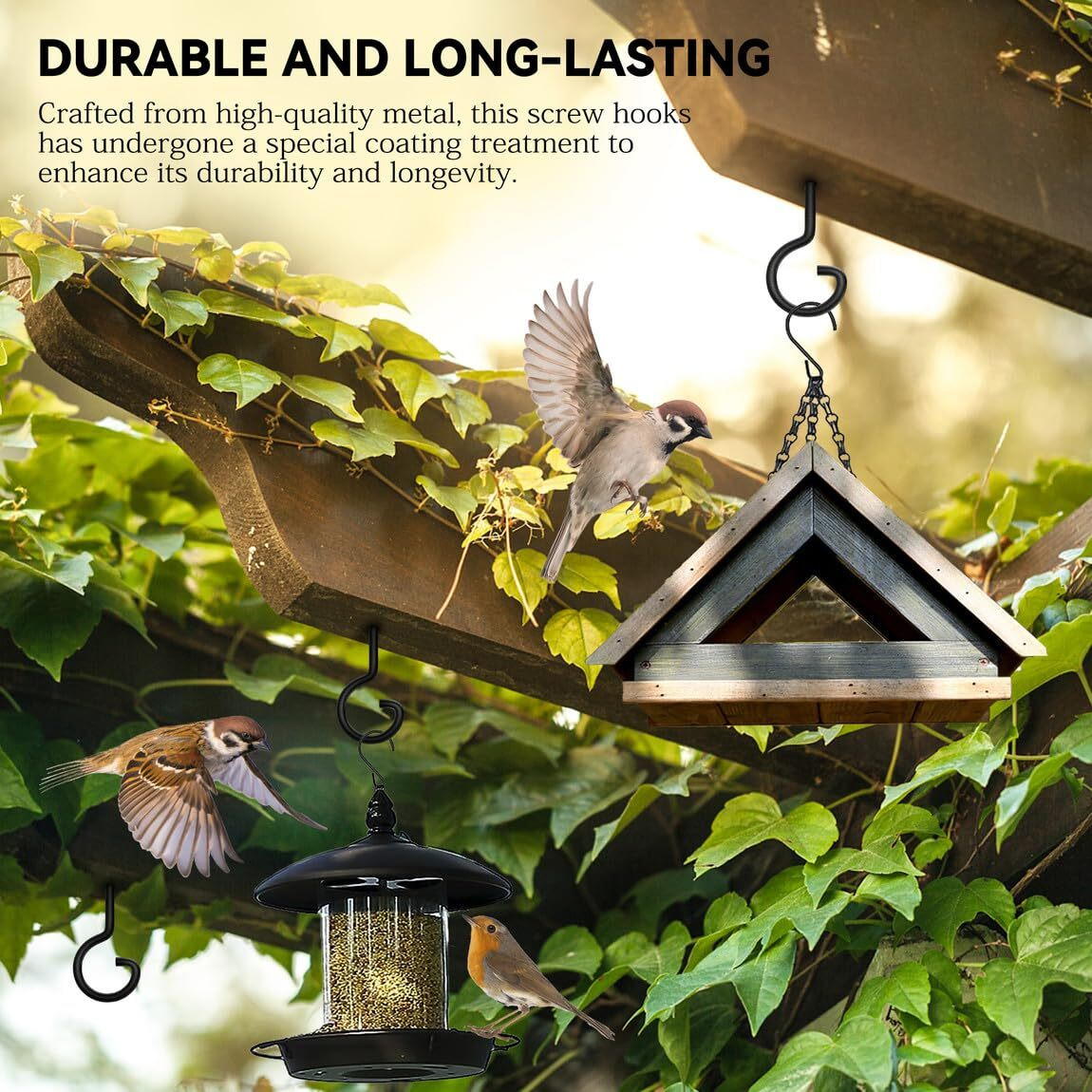 Qtjust Plant Hooks 10 Pack 6 Inch Bird Feeder Wall Hooks - Black Metal Screw Hooks For Hanging Plants String Lights Christmas Lights Hanger Hooks Home Decor Indoor Outdoor