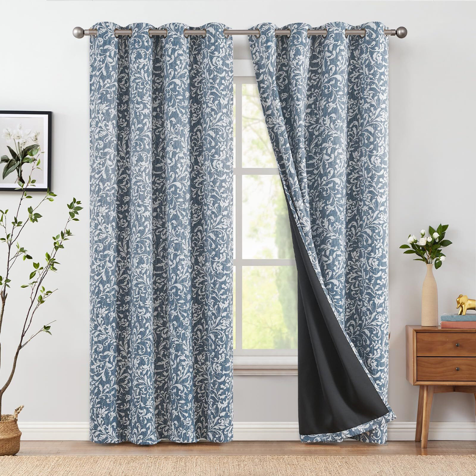 Jinchan 100% Blackout Curtains For Bedroom  Blue Scroll Floral Patterned Curtains 84 Inch Length For Living Room  Farmhouse Vintage Art Deco Drapes  Thermal Insulated Window Curtains Grommet 2 Panels