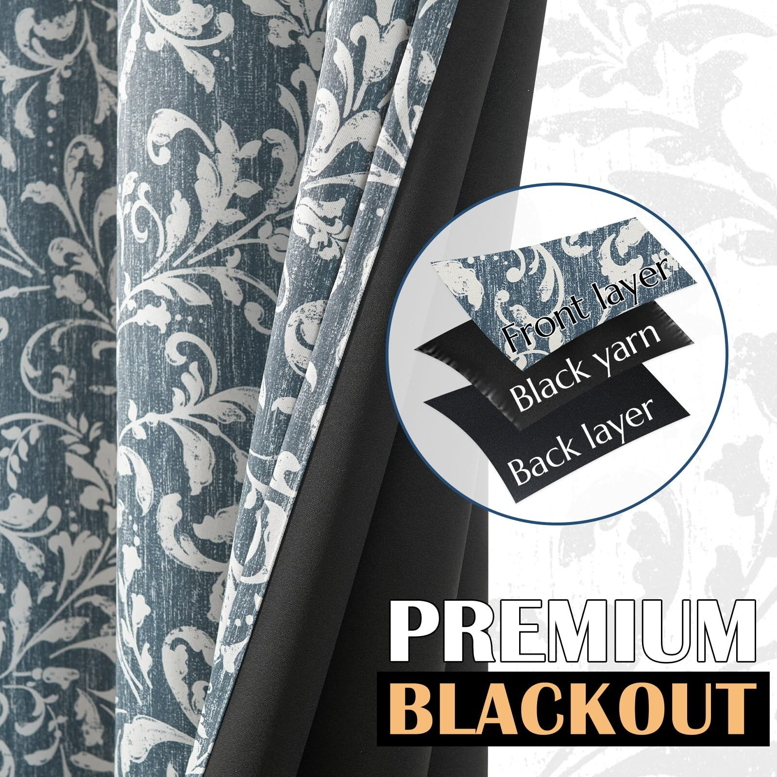 Jinchan 100% Blackout Curtains For Bedroom  Blue Scroll Floral Patterned Curtains 84 Inch Length For Living Room  Farmhouse Vintage Art Deco Drapes  Thermal Insulated Window Curtains Grommet 2 Panels