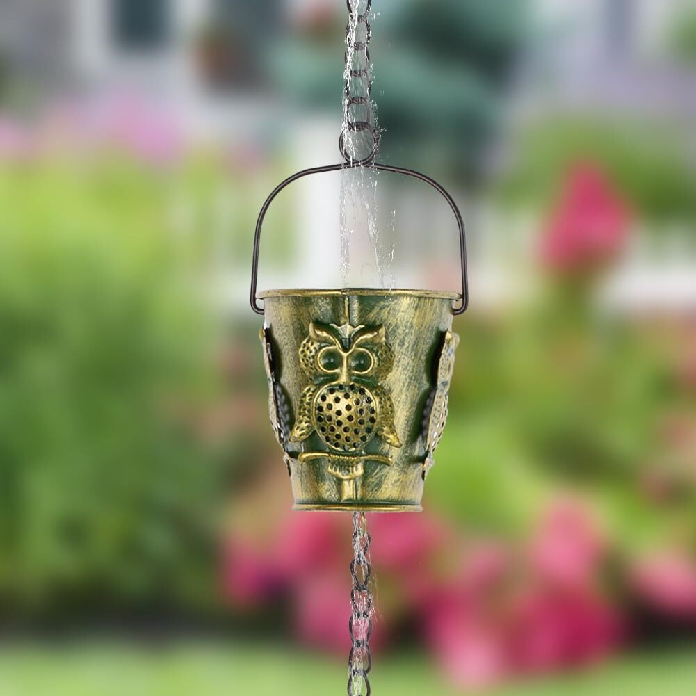 Qipade 10Ft Rain Chains For Gutters  Metal Rain Catcher Chain For Eaves Drainage  12 Cups Rain Gutter Chains With Owl Decor  Adjustable Rain Water Chain For Outdoor Decor
