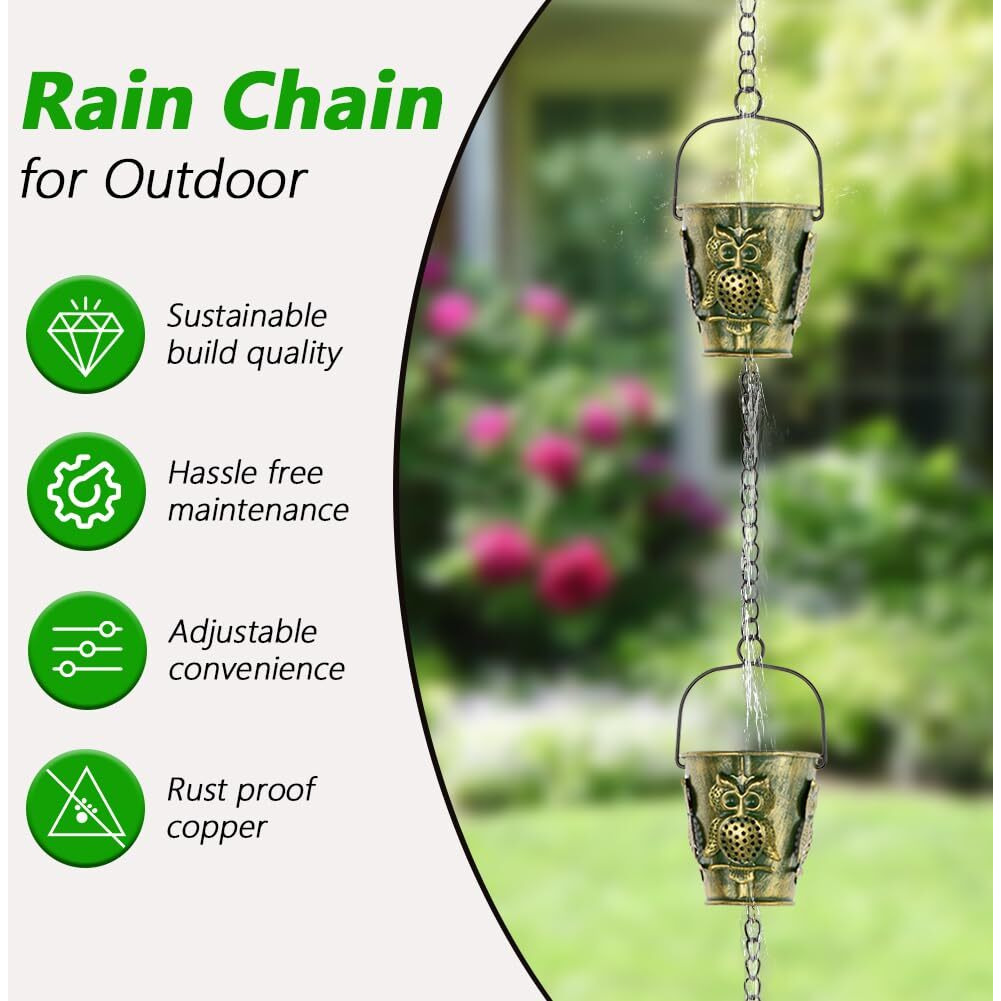 Qipade 10Ft Rain Chains For Gutters  Metal Rain Catcher Chain For Eaves Drainage  12 Cups Rain Gutter Chains With Owl Decor  Adjustable Rain Water Chain For Outdoor Decor