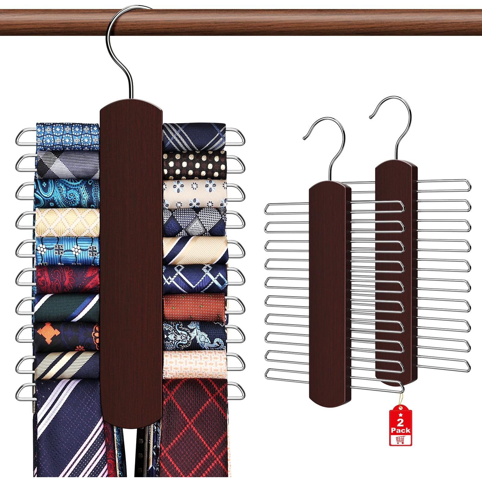 2 Pack Tie Rack For Closet  Premium Wooden Necktie Organizer Storage Tie/Belt Hanger  360 Degree Swivel Space Saving Ties Holder For Men Hanging 40 Ties  Scarves Red
