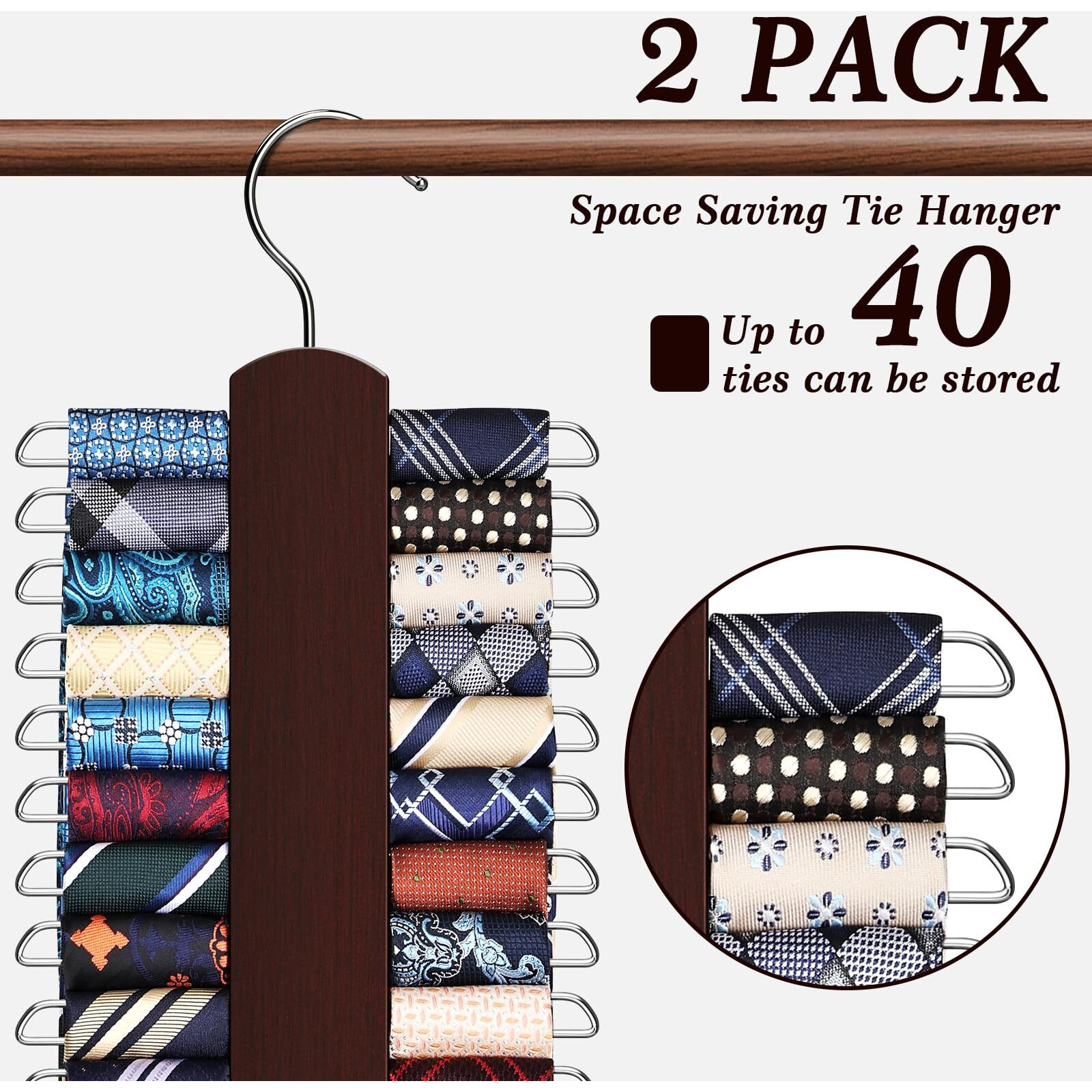 2 Pack Tie Rack For Closet  Premium Wooden Necktie Organizer Storage Tie/Belt Hanger  360 Degree Swivel Space Saving Ties Holder For Men Hanging 40 Ties  Scarves Red