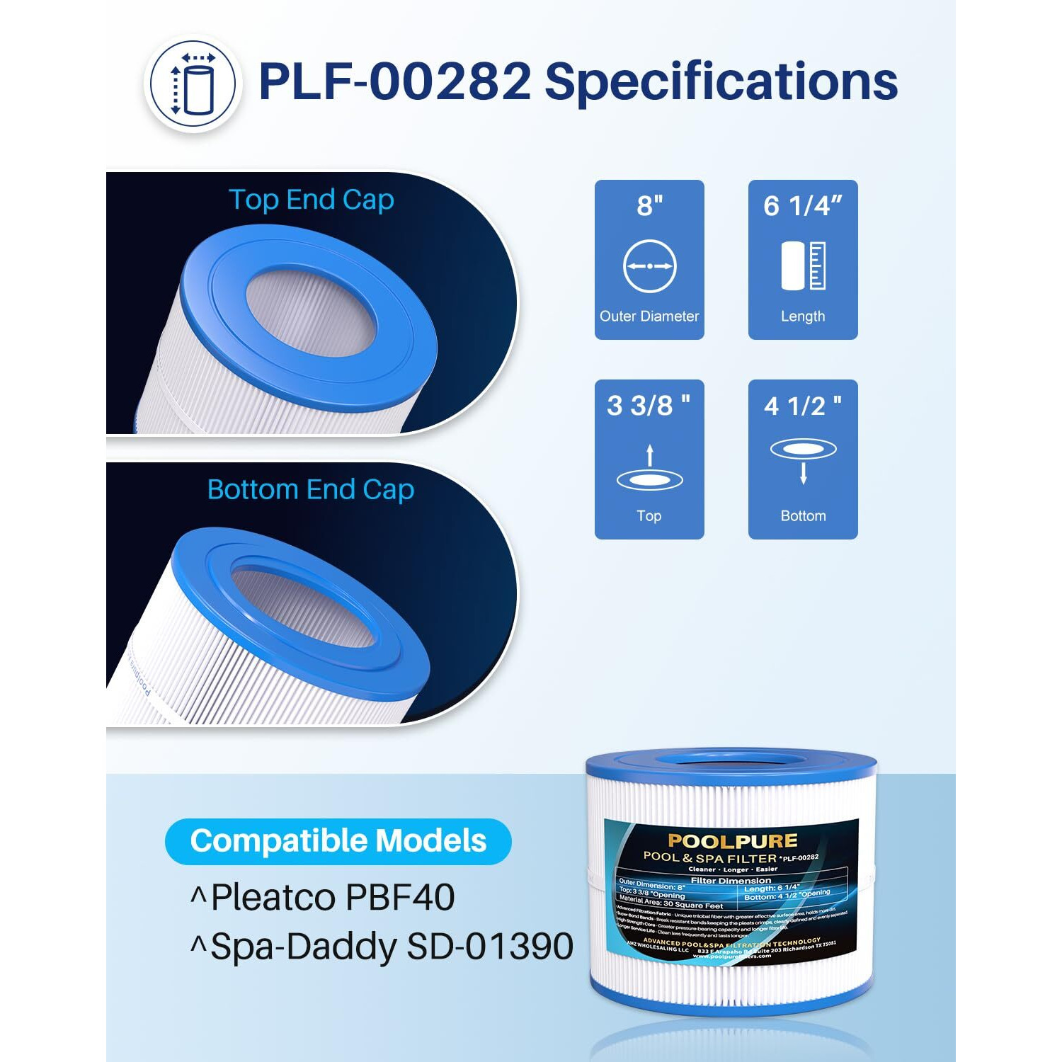 Poolpure Pbf40M Spa Filter Replaces Wellspring 10-00282 Filter  Pbf40M  Pbf40  Pbf40-M 30 Coreless  Sd-01389  8X6 Bullfrog Wellspring Coreless Hot Tub Filters  1Pack  White  Plf-00282 (1Pack)