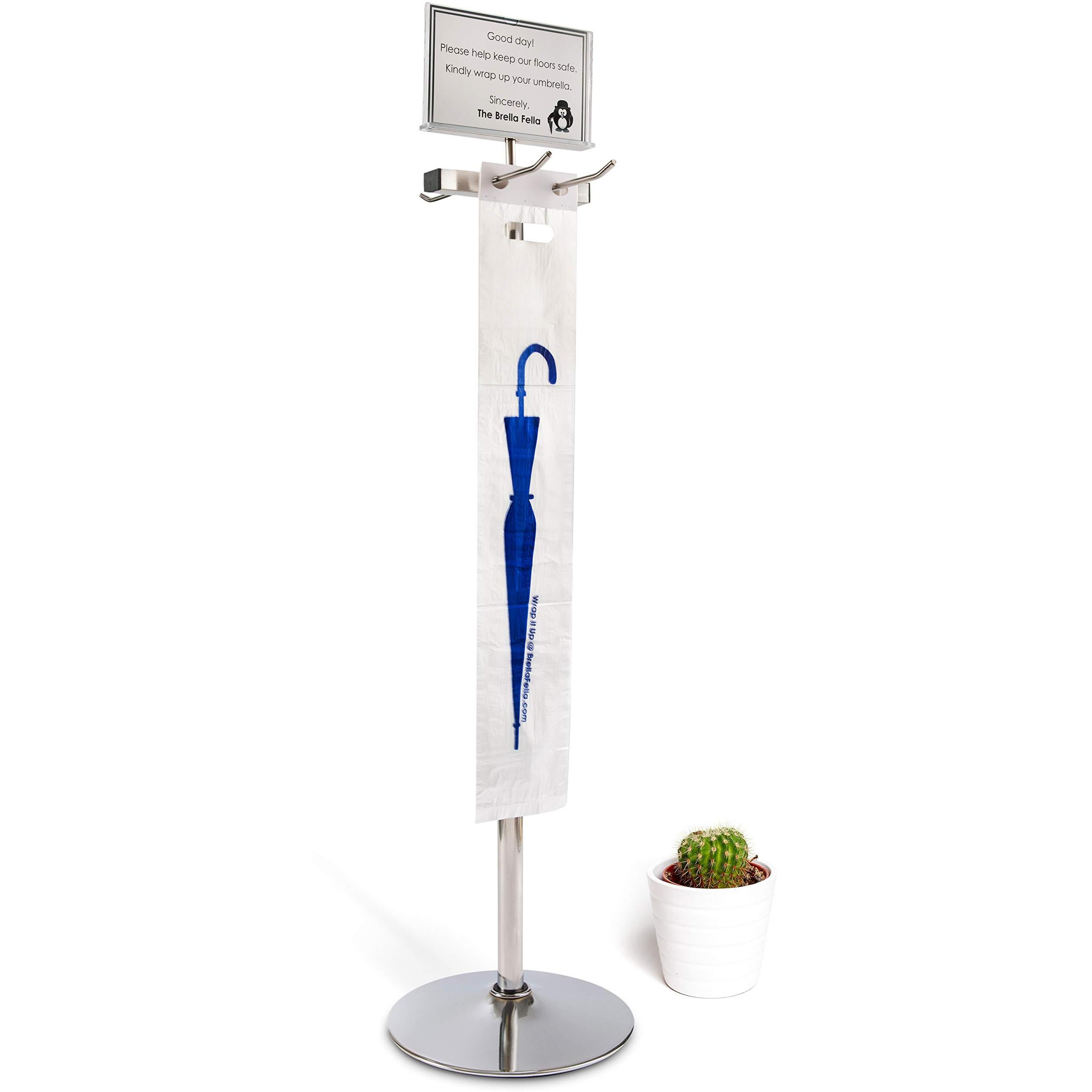 Brella Fella Umbrella Bag Wrapper Station With Sign Frame - Wrap Umbrellas For Rain - Be Safe  Wrap It Up - 100 Long Bags Included