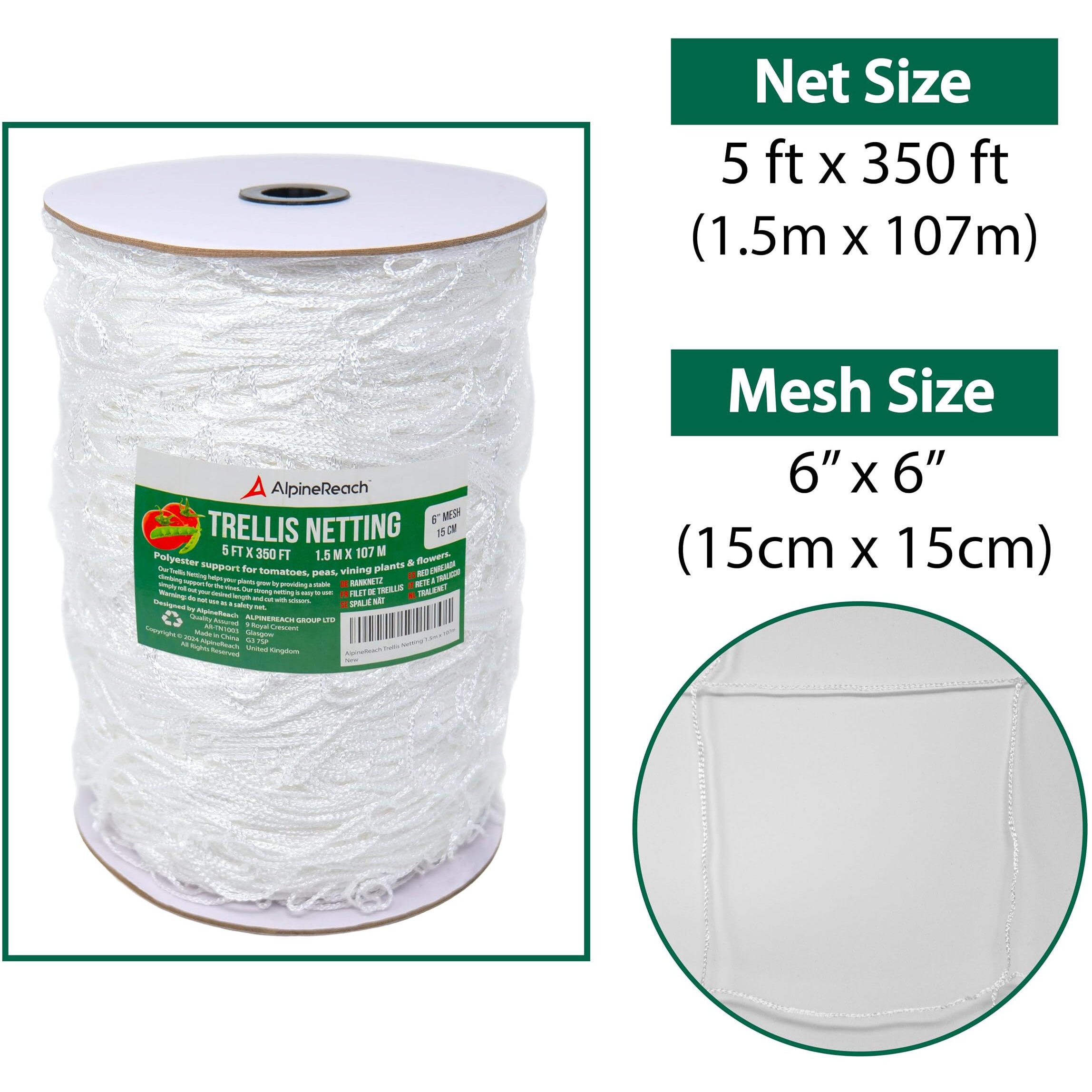 Alpinereach Trellis Netting 5 X 350 Ft Heavy Duty Polyester White - 6 Inch Mesh Support Twine For Growing High Yield Tomatoes  Peas  Vine Climbing Plants Fruits Vegetables