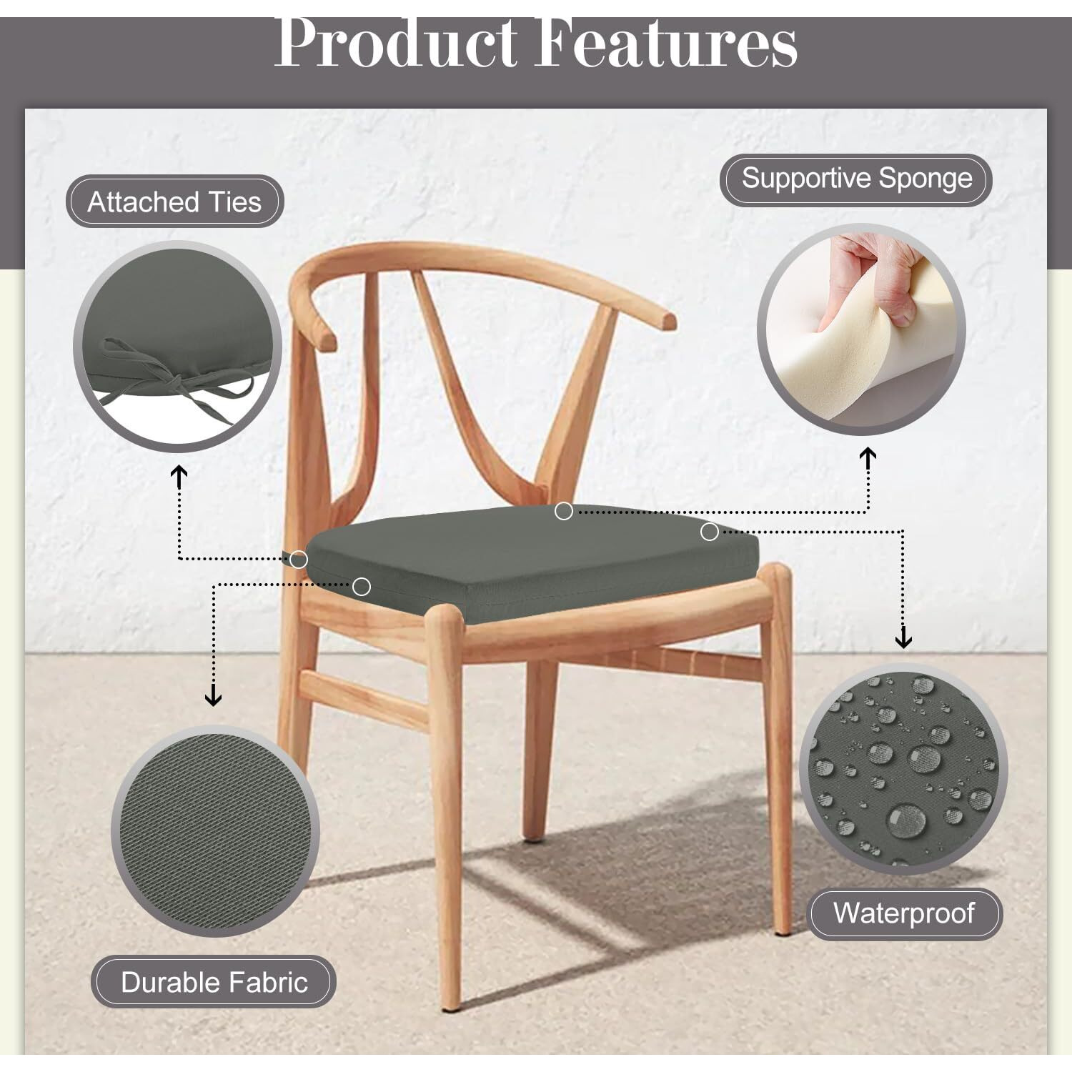 Cozyide Outdoor Chair Cushions  Waterproof Patio Seat Cushions With Adjustable Straps  Round Corner Patio Chair Cushions For Garden  Dark Grey  17X16X2 Inch (Pack Of 4)