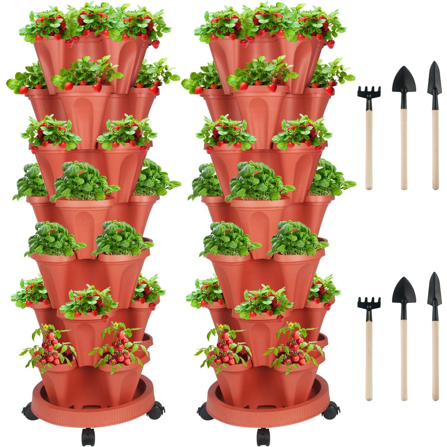 Vertical Planter 7 Tier Stackable Planters Garden Planters Strawberry Herb Flower And Vegetable Planter Indoor Outdoor Gardening Pots With Removable Wheels And Tools 2-Pack