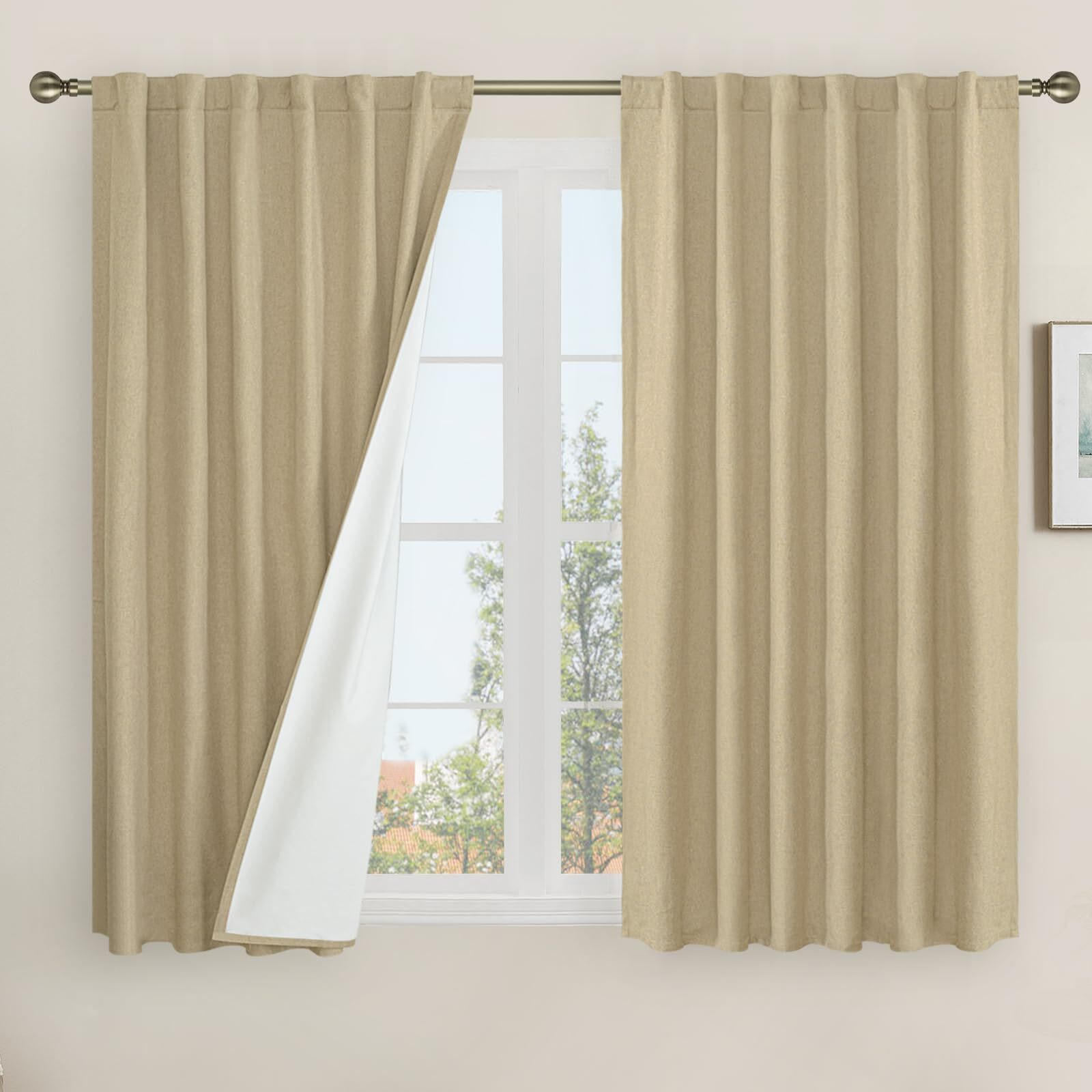 Lamit Natural Linen 100% Blackout Window Curtains For Bedroom  45 Inches Linen Textured Thermal Farmhouse Curtains Back Tab And Rod Pocket Burlap Panels With White Liner  2 Panels  52 X 45 Inch