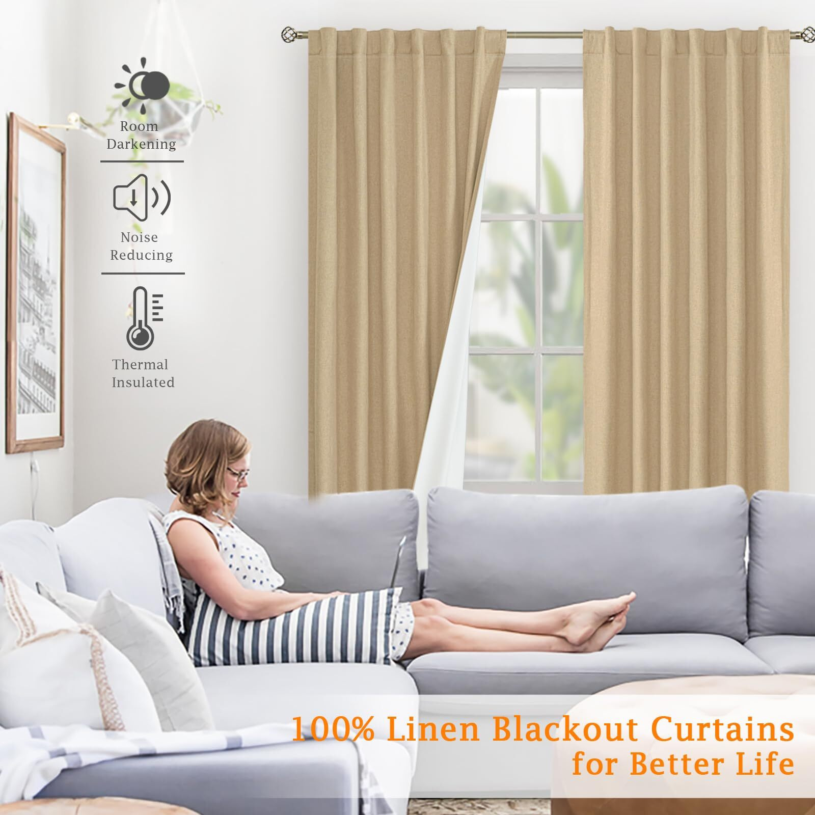 Lamit Natural Linen 100% Blackout Window Curtains For Bedroom  45 Inches Linen Textured Thermal Farmhouse Curtains Back Tab And Rod Pocket Burlap Panels With White Liner  2 Panels  52 X 45 Inch