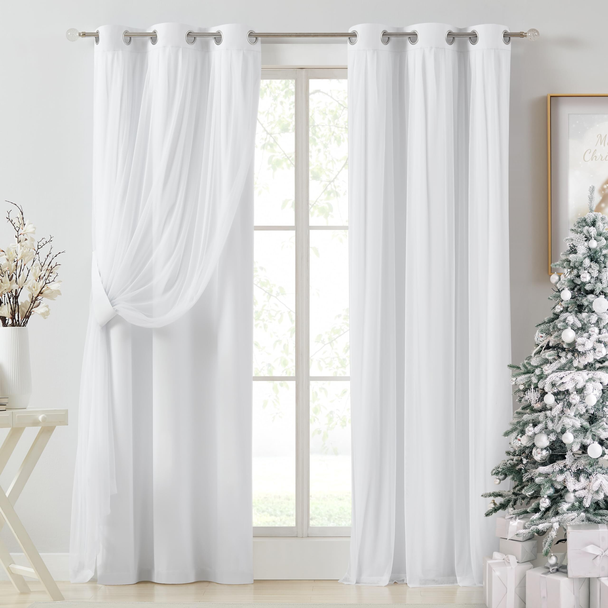 Bujasso White Full Blackout Curtain Panels With Sheer Overlay Mix And Match Double Layer Thermal Insulated Window Treatment Set For Living Room White Drapes With Tiebacks Grommet Top 54"" Wx84 Lx2