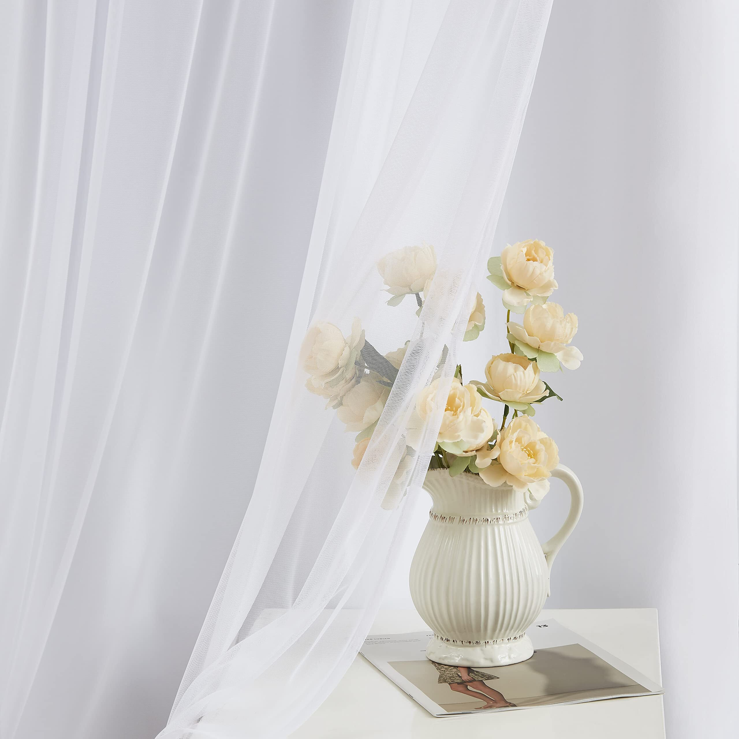 Bujasso White Full Blackout Curtain Panels With Sheer Overlay Mix And Match Double Layer Thermal Insulated Window Treatment Set For Living Room White Drapes With Tiebacks Grommet Top 54"" Wx84 Lx2