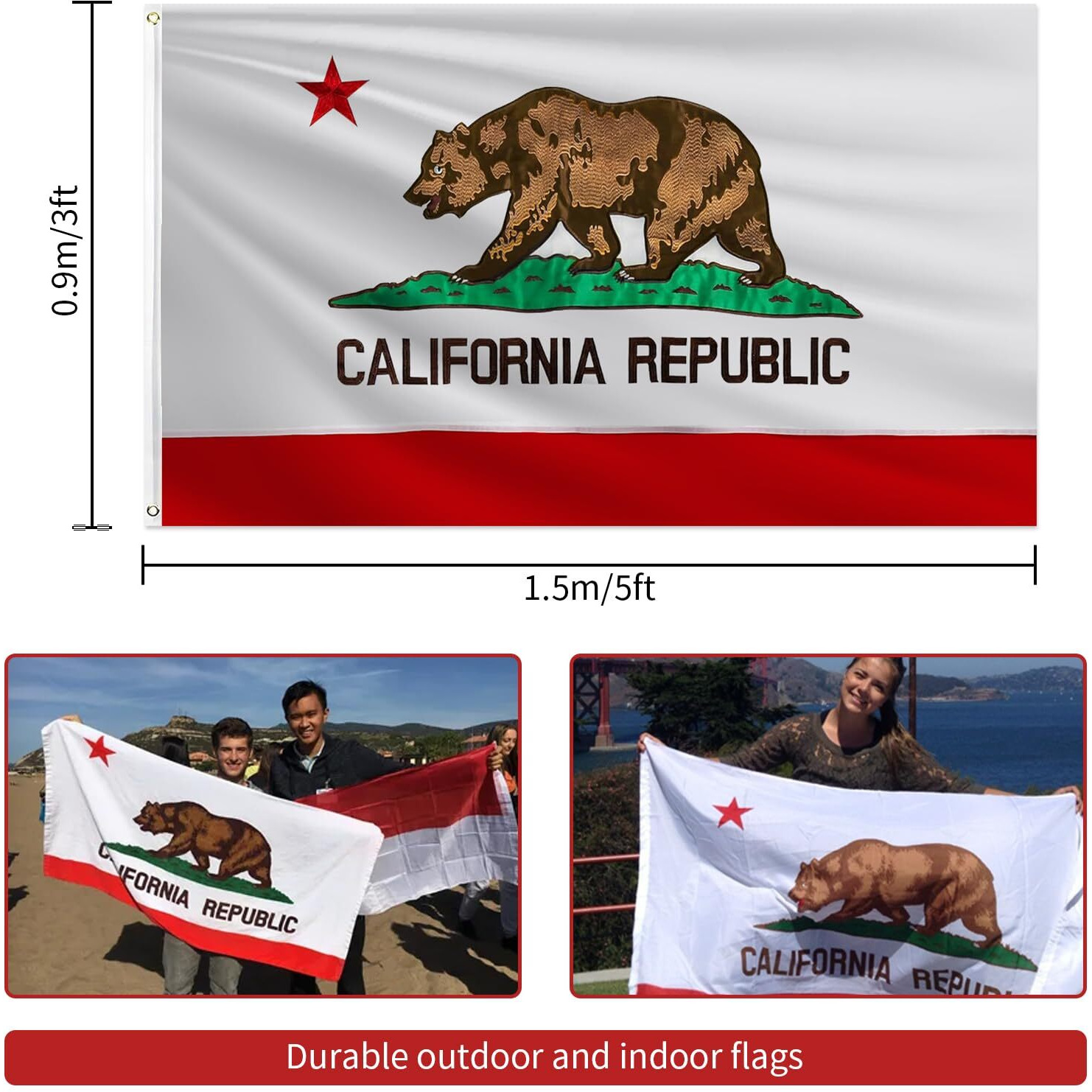 California Flag 3X5 Ft Outdoor  Double Sided Heavy Duty 210D Oxford Fabric  Embroidered Bear & Star And 4 Rows Stitching Fly Ends With 2 Brass Grommets | State Of California Republic Ca Flag