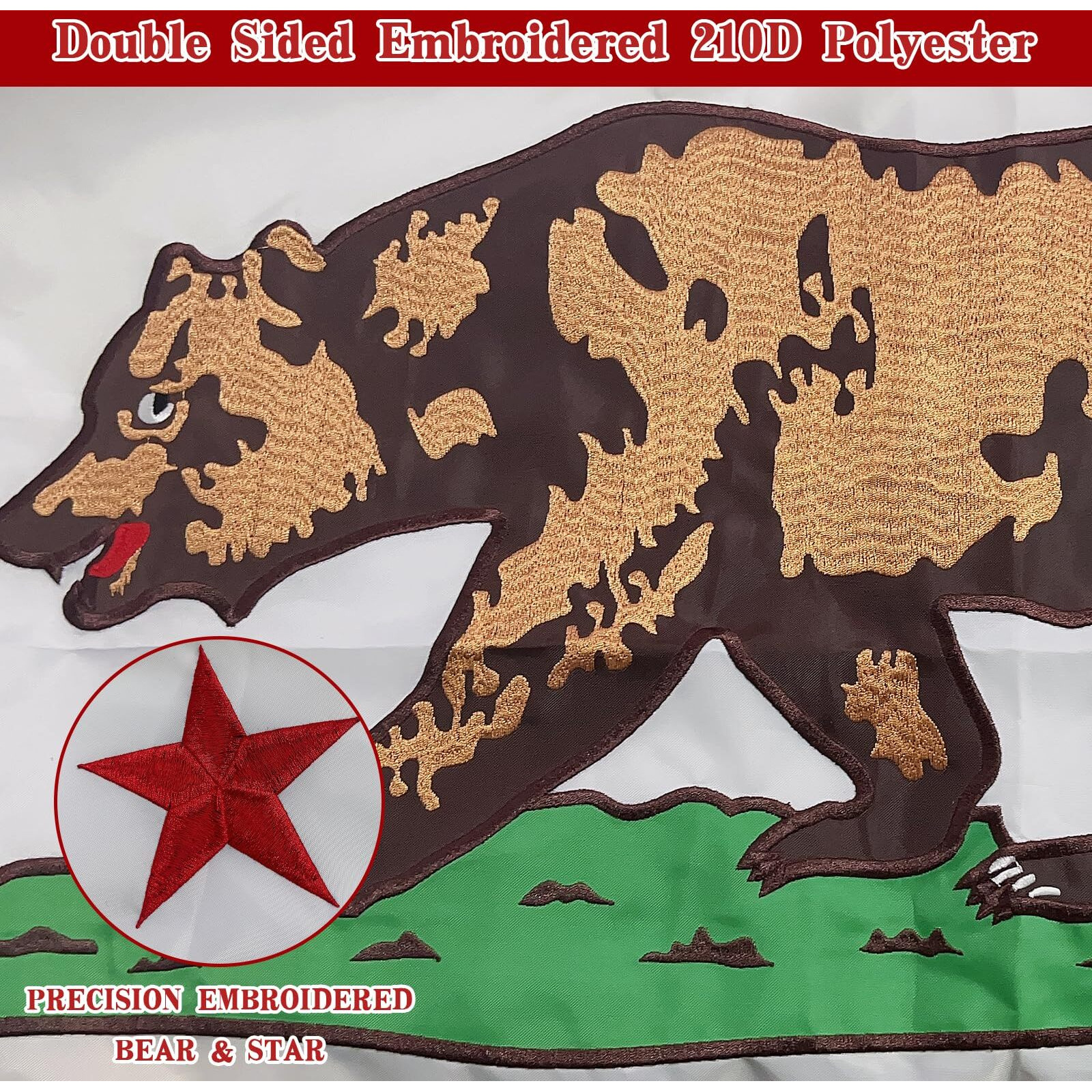 California Flag 3X5 Ft Outdoor  Double Sided Heavy Duty 210D Oxford Fabric  Embroidered Bear & Star And 4 Rows Stitching Fly Ends With 2 Brass Grommets | State Of California Republic Ca Flag