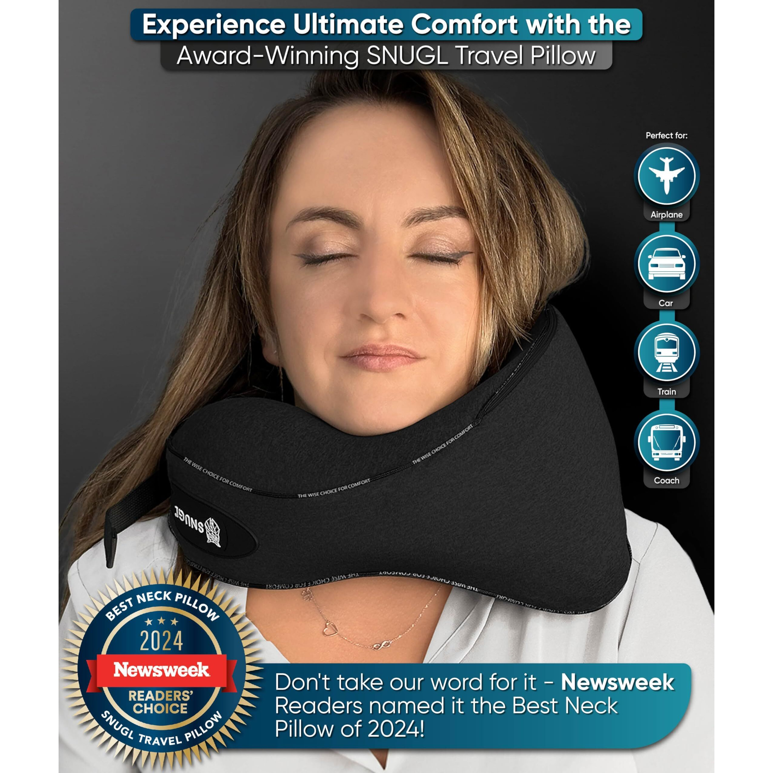 Snugl Neck Travel Pillow - Memory Foam Airplane Pillow - Flight Pillow | Neck Support Travel Pillow With Carry Bag & Clip | Neck Pillows For Sleeping Travel Plane | Flying Travel Essentials - Black