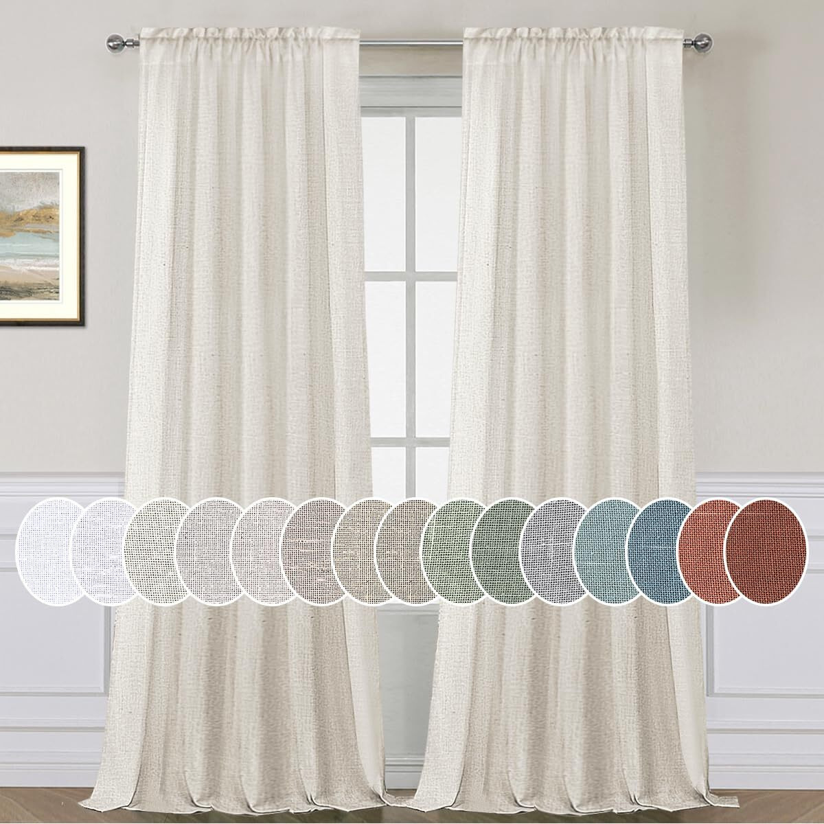 H.Versailtex Natural Linen Rod Pocket Curtains 84 Inch Length For Living Room 2 Panel Pocket Drape Semi Sheer Neutral Country Rustic Farmhouse Boho Curtain Bedroom Light Filtering  Heathered Natural