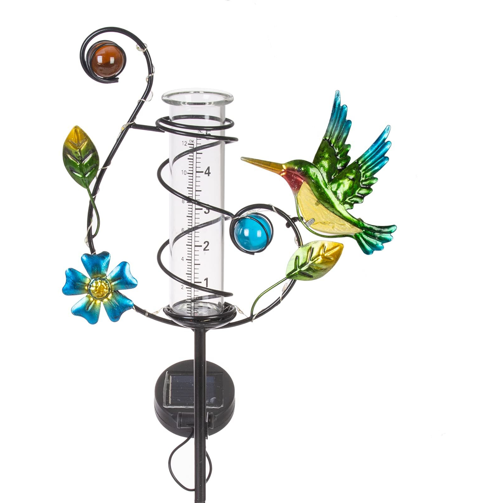 Hobyluby 35'' Hummingbird Rain Gauge Outdoor - Solar Rain Gauges With Led Light For Yards  Lawns  Pathway  Patio (Colorful)