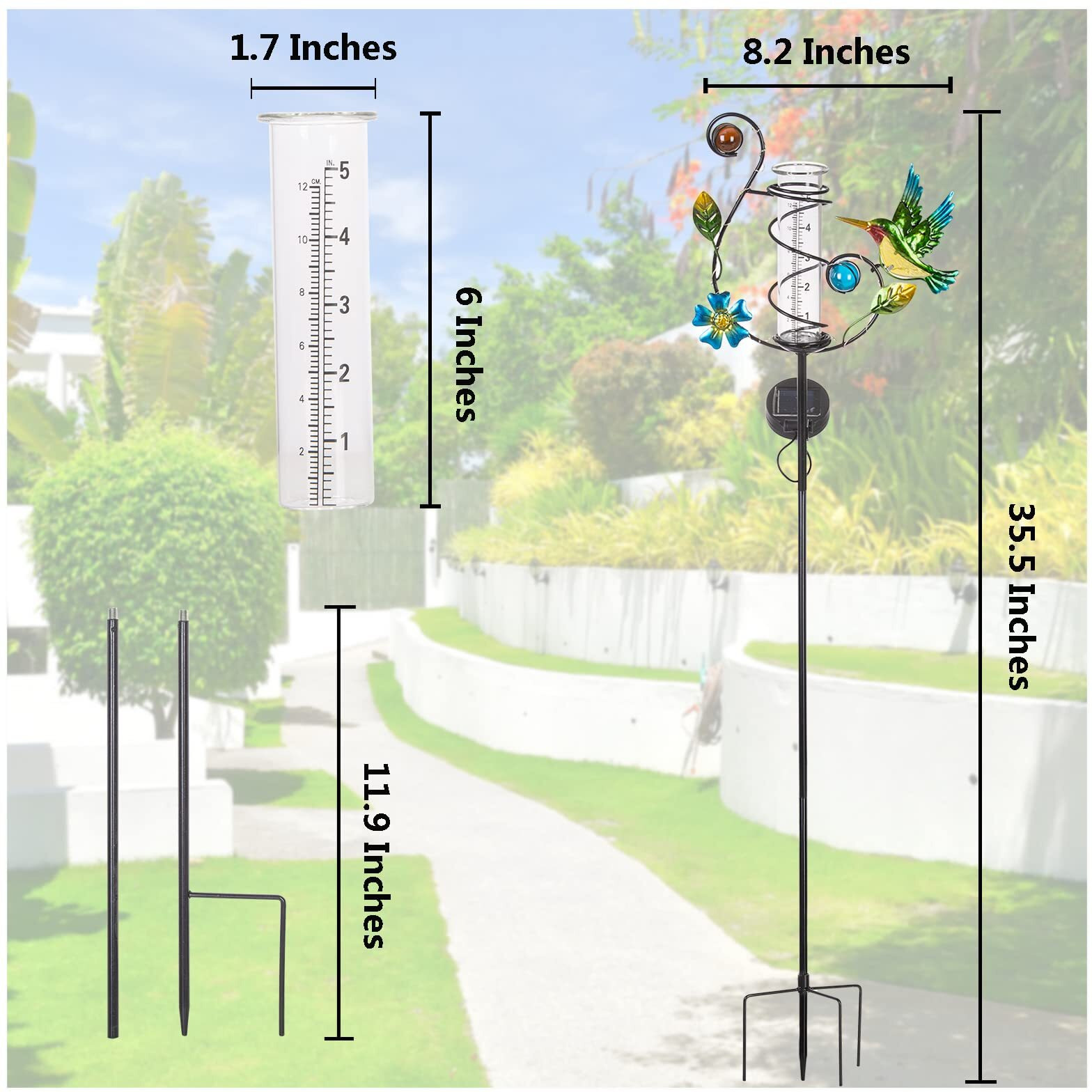 Hobyluby 35'' Hummingbird Rain Gauge Outdoor - Solar Rain Gauges With Led Light For Yards  Lawns  Pathway  Patio (Colorful)